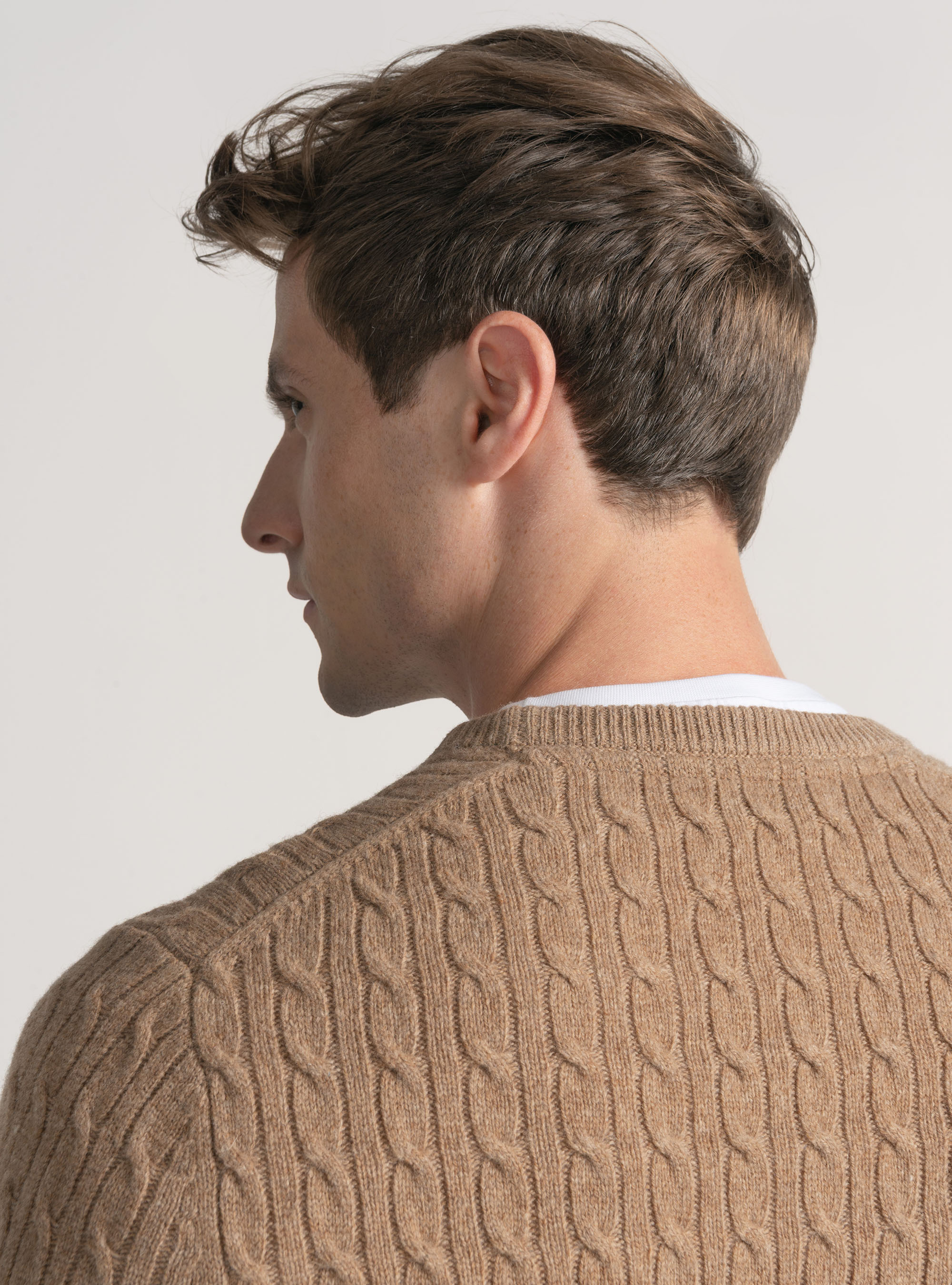 Maglia girocollo con treccia in lana e cashmere, CAMMELLO 0570C