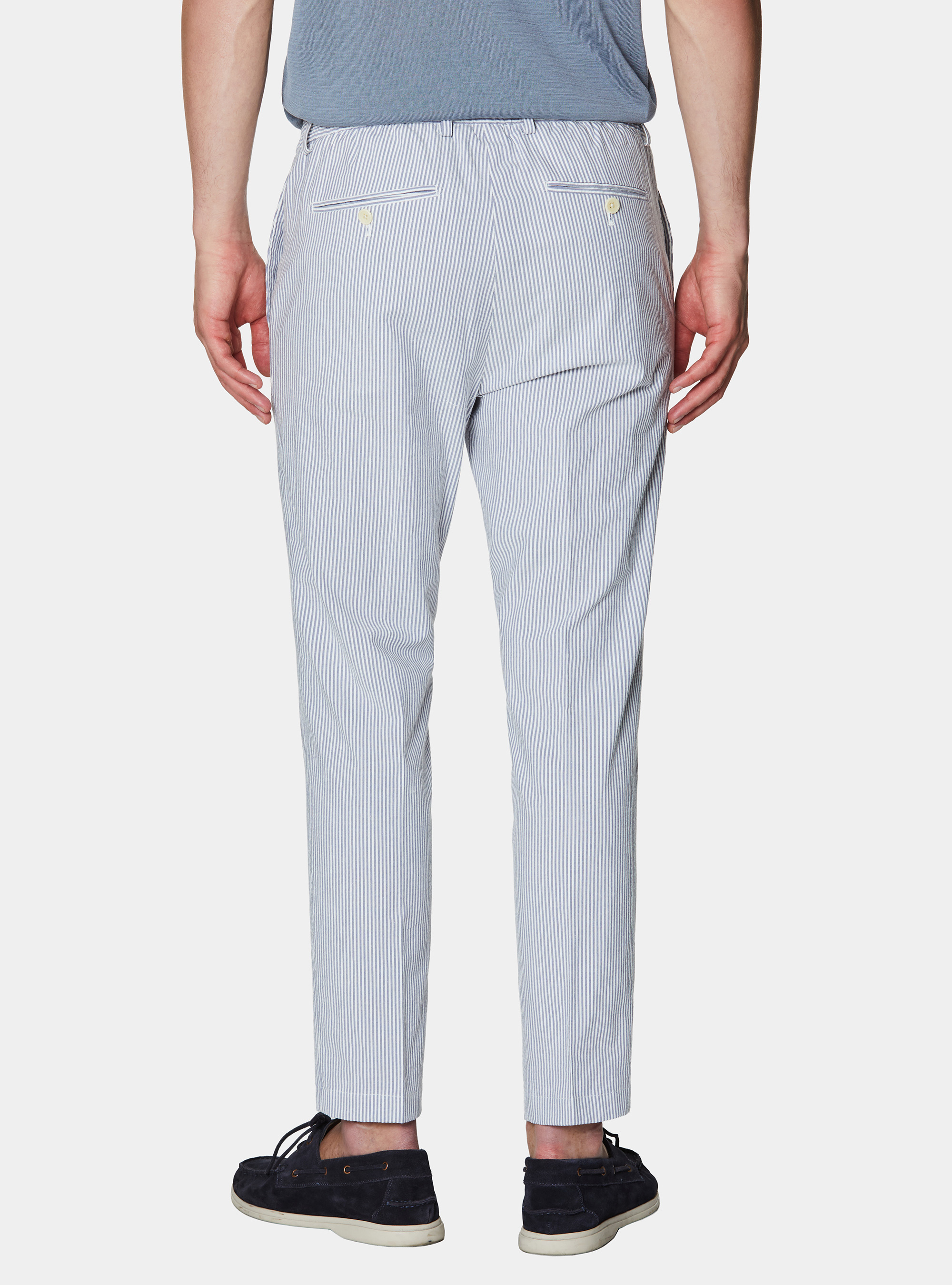 Seersucker cotton blend striped drawstring trousers, BLUE