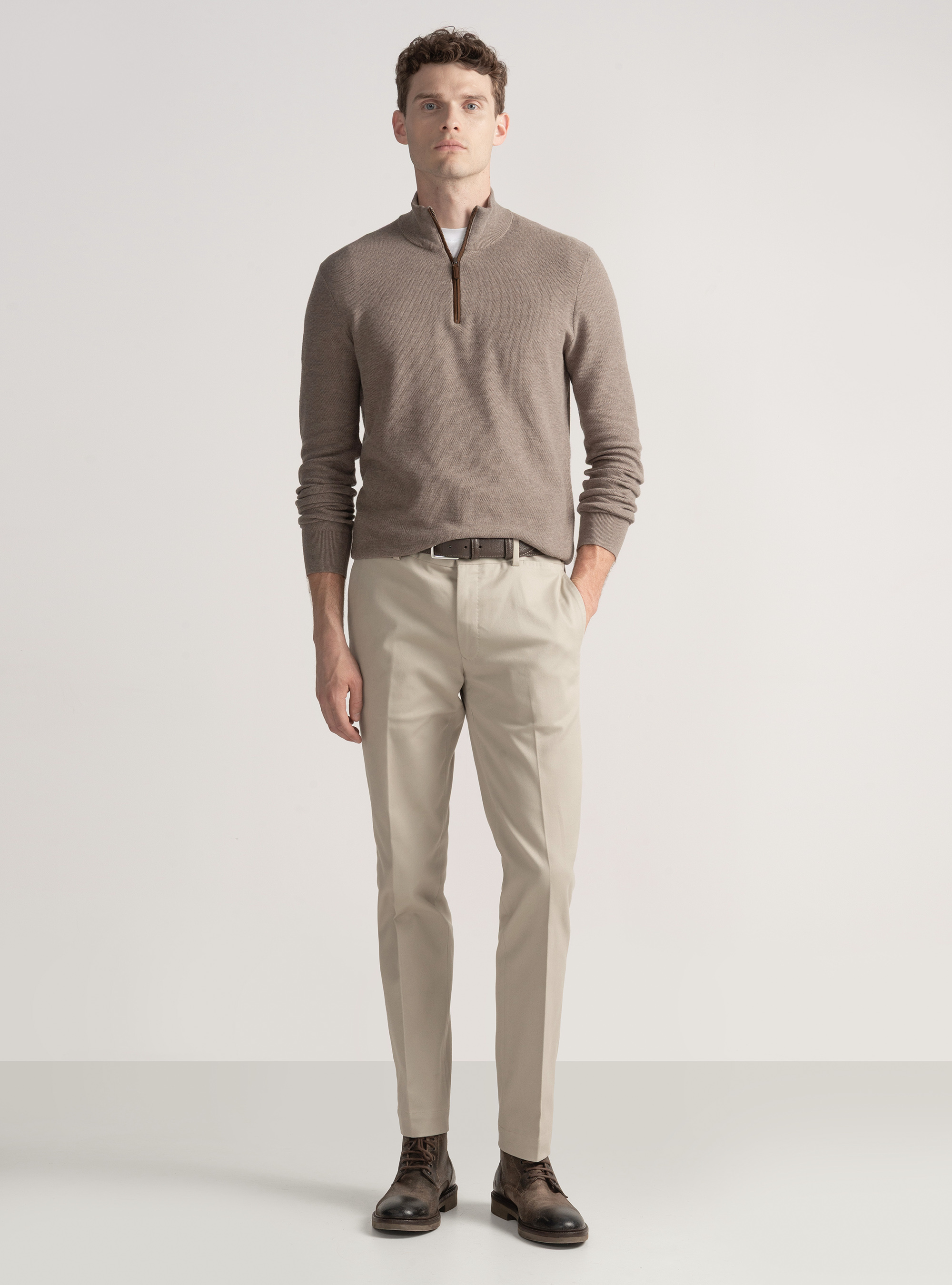 Cotton cashmere honeycomb mock neck sweater, MUD