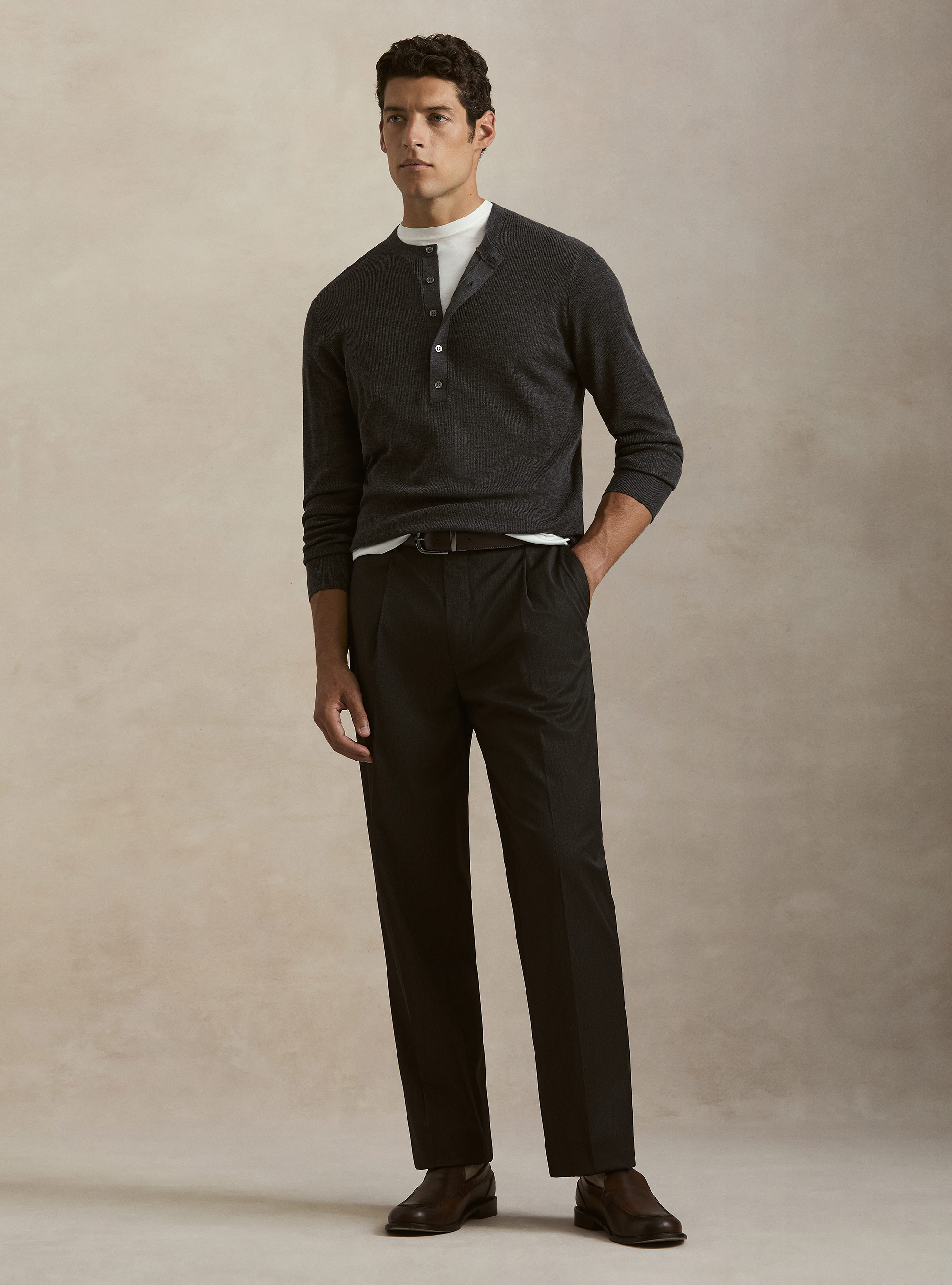 Ribbed wool Henley shirt, ASPHALT GREY