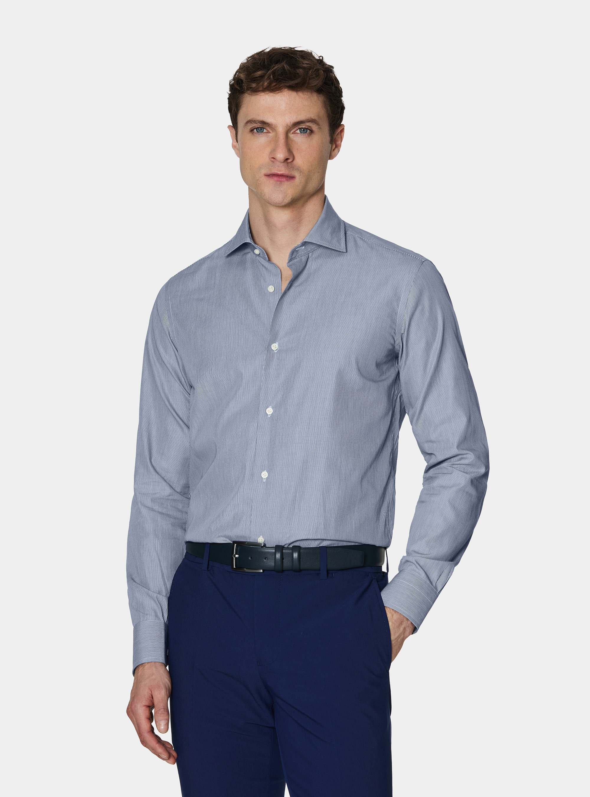 Camisa de popel&iacute;n de algod&oacute;n a rayas finas, AZUL MARINO