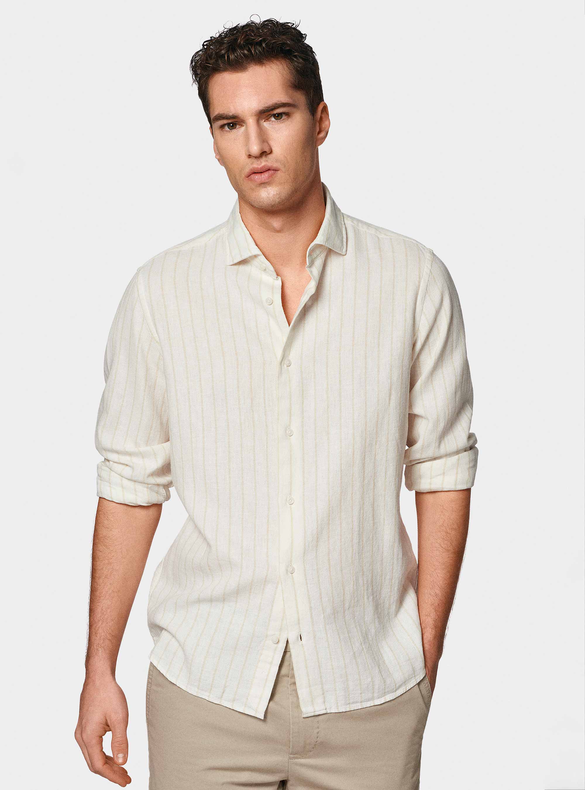 Camisa de rayas de crep&eacute; de lino y algod&oacute;n, NATA