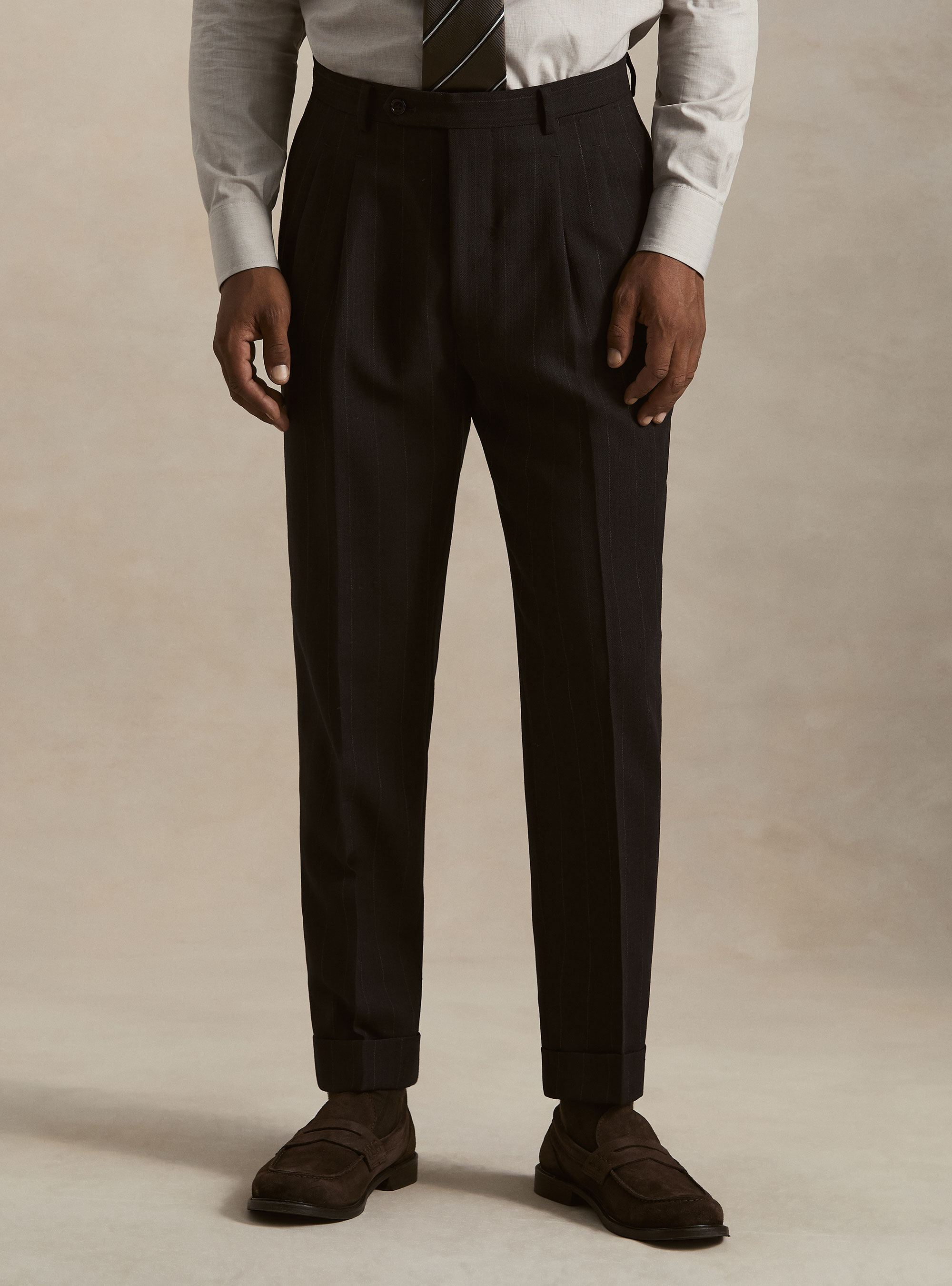 Herringbone pure wool pleated trousers, NAVY BLUE