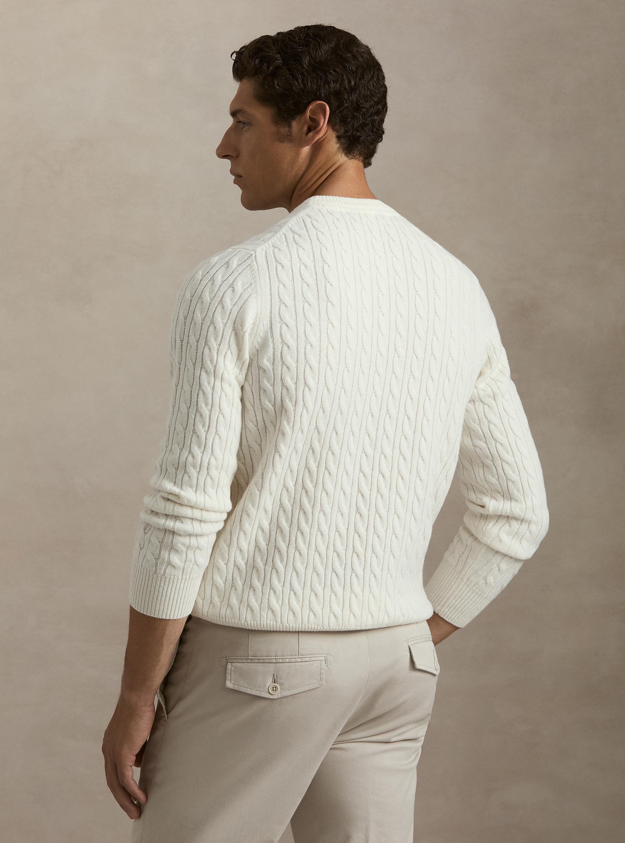 Cable-knit crewneck sweater in wool-cashmere blend, WHITE