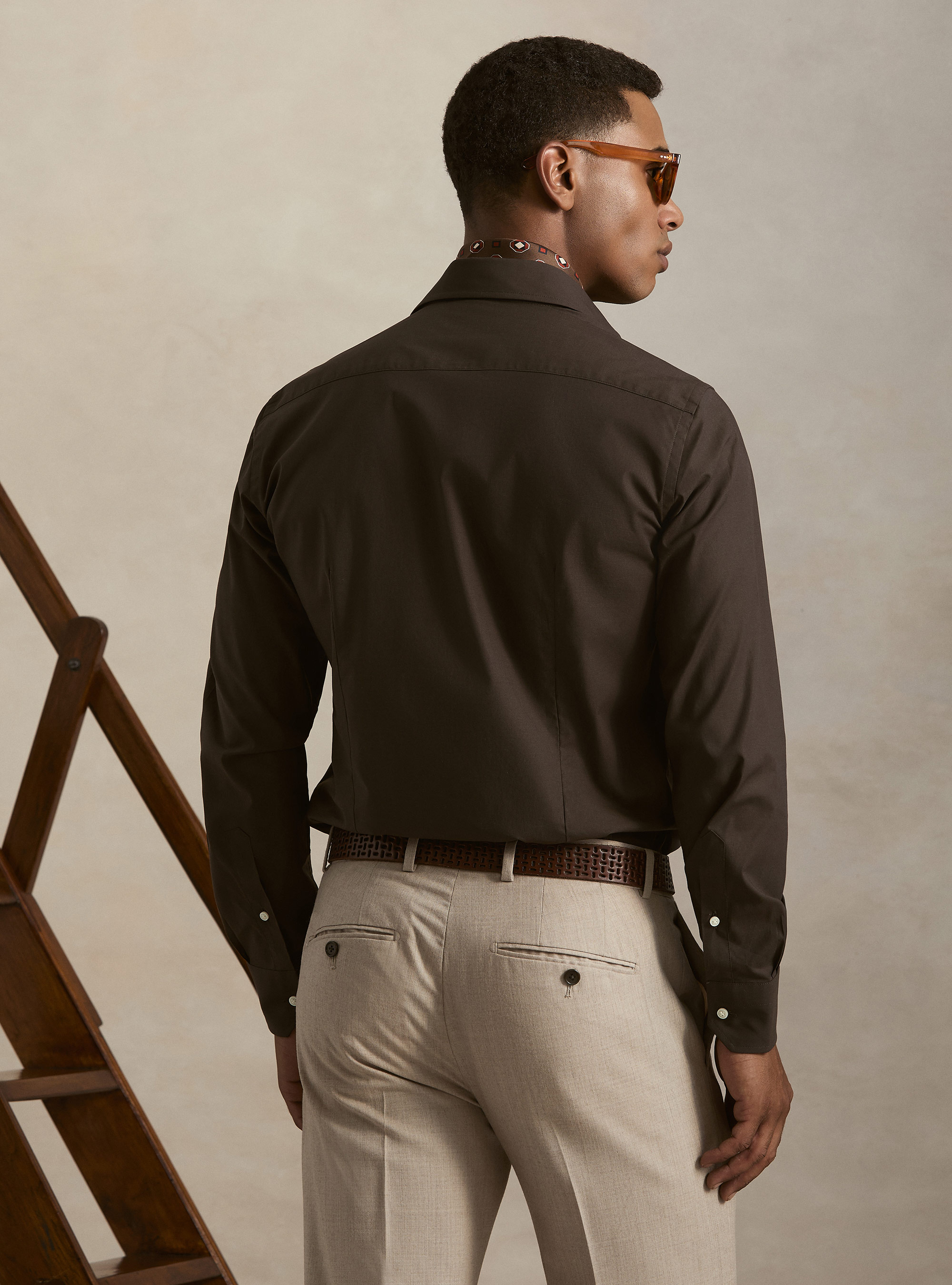 Cotton poplin stretch shirt, BROWN