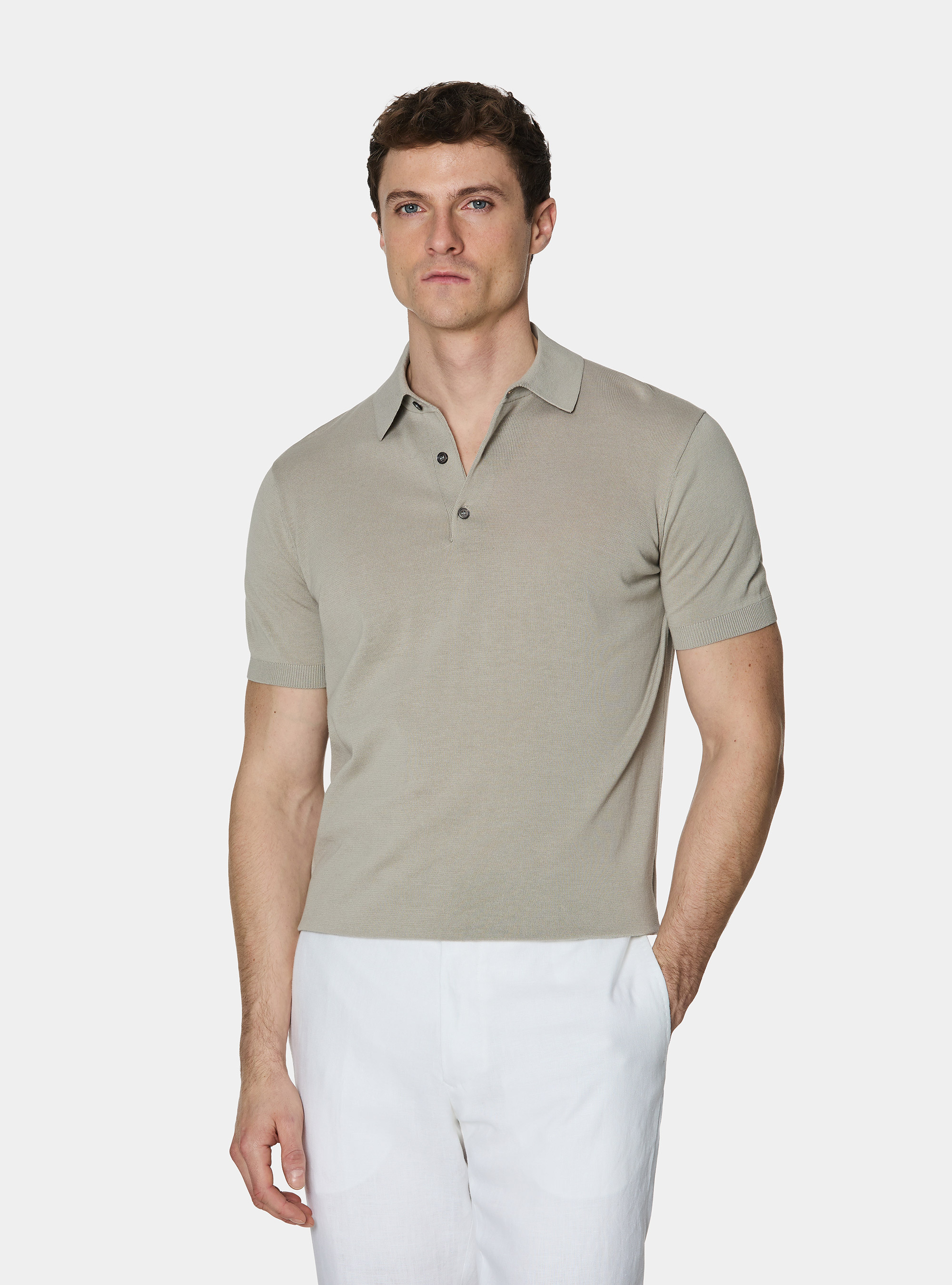 Extra-fine cotton knit polo shirt, SAND
