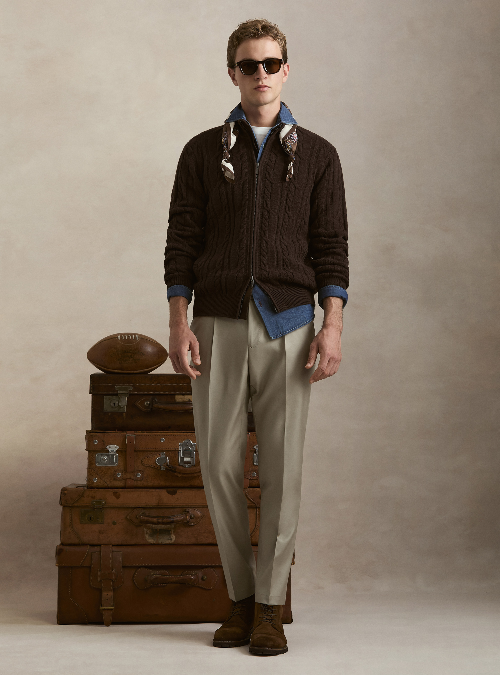 Cardigan a treccia in lana e cashmere, MARRONE
