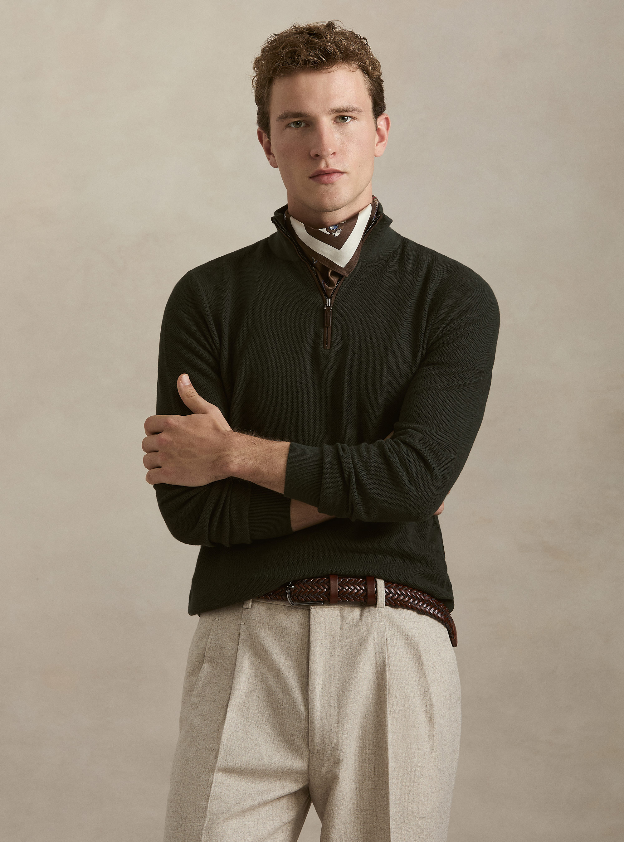 Half-Zip-Pullover aus Baumwolle und Kaschmir mit Wabenstruktur, MILITARE 0609C