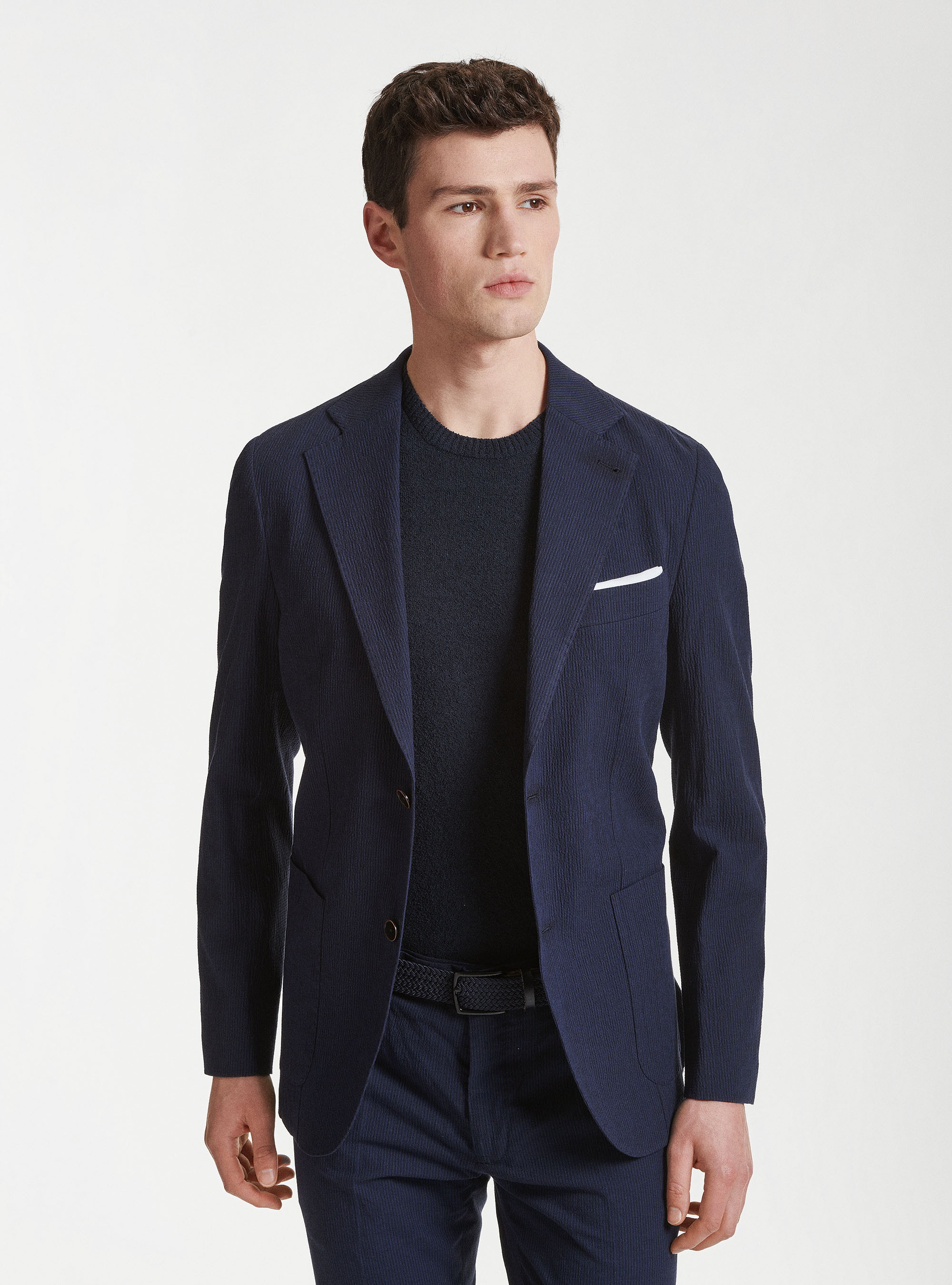 Giacca blue navy in seersucker rigato, BLU NAVY