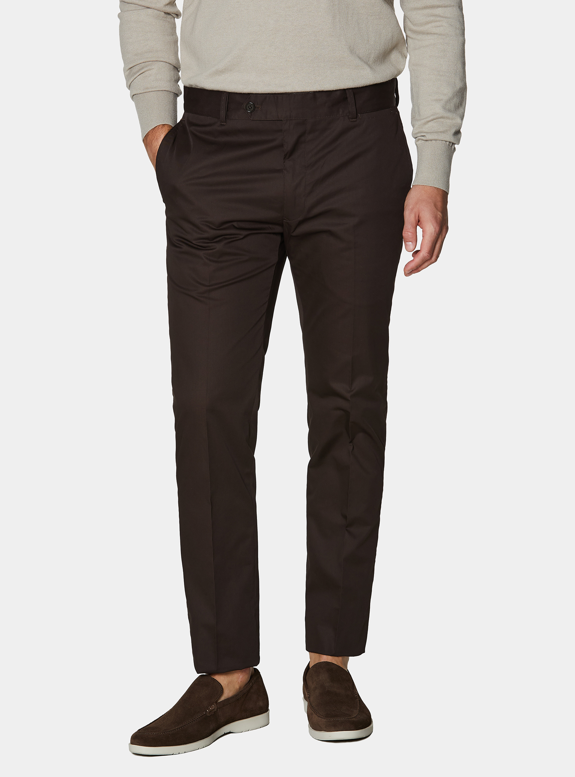 Pantalon chino slim en serg&eacute; l&eacute;ger, MARRON