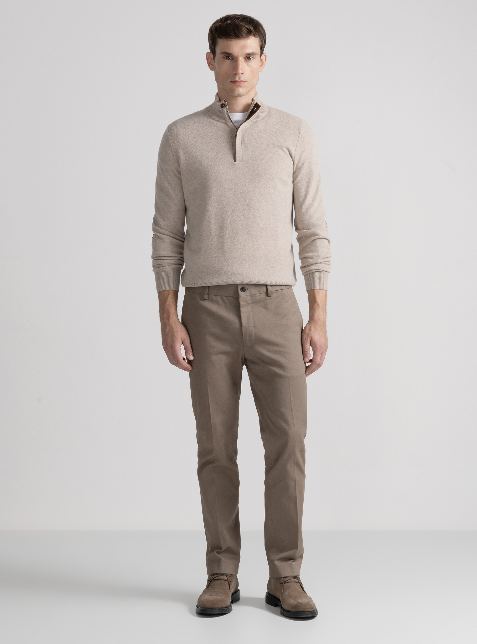 Maglia mezza zip in lana lambswool e cashmere, ECRU