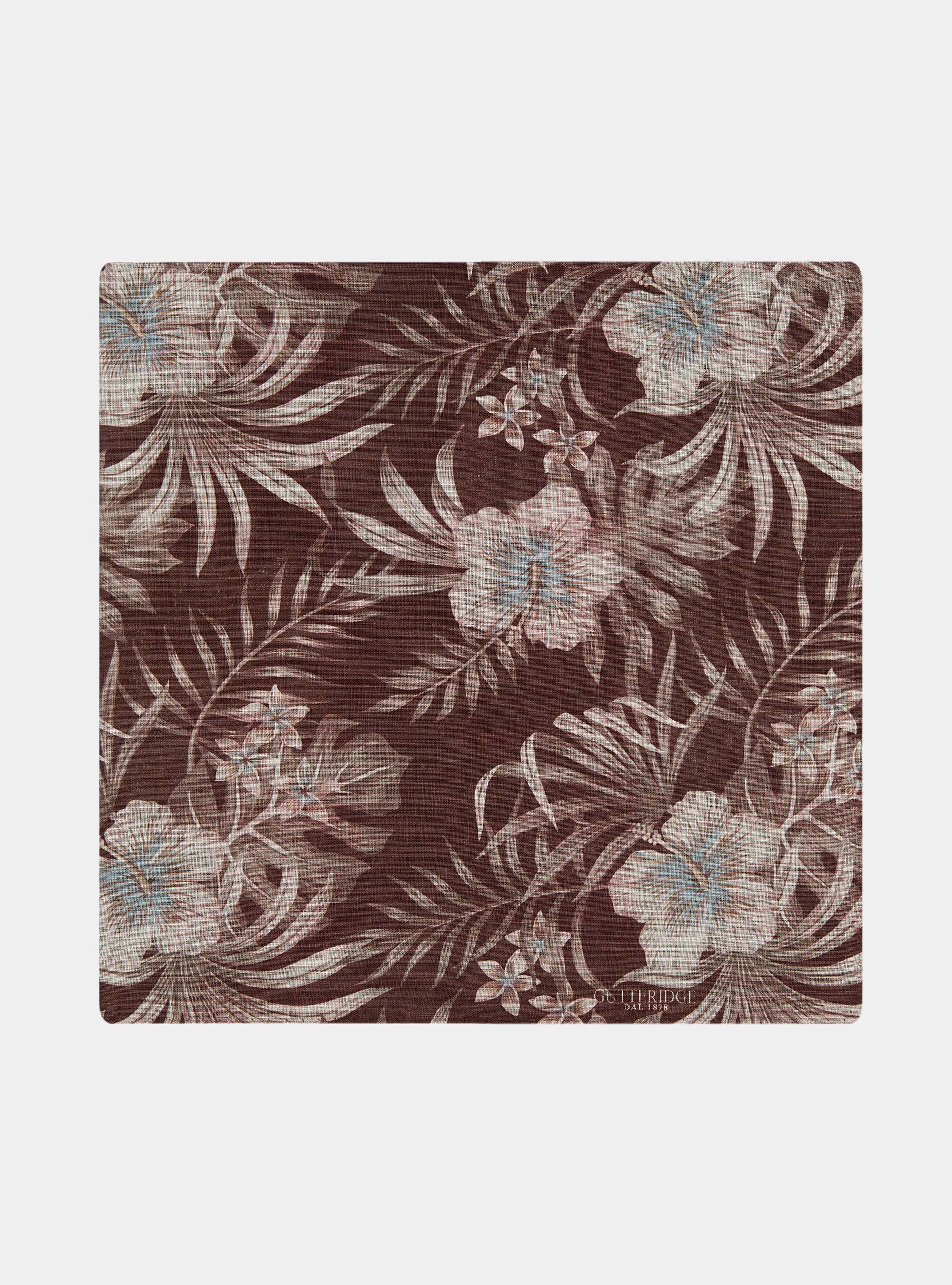 Floral print linen foulard, BROWN