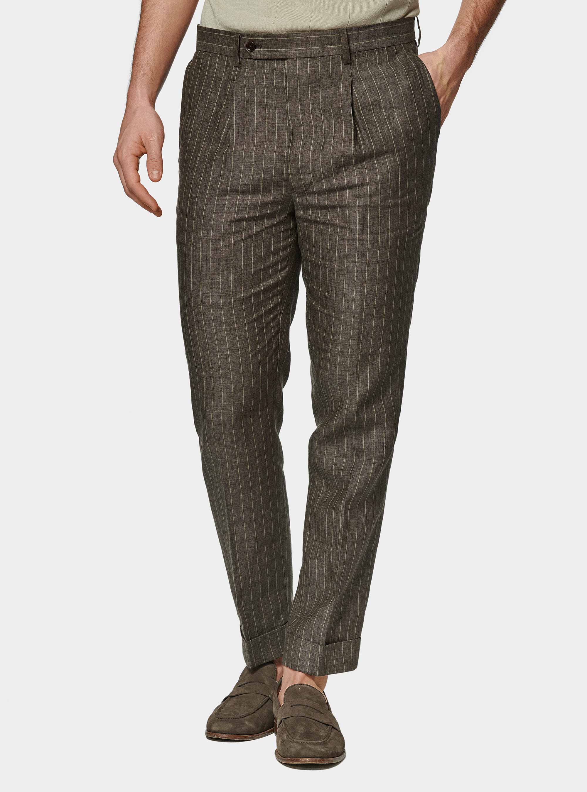 Double-breasted pinstripe suit trousers in delav&eacute; linen, BROWN