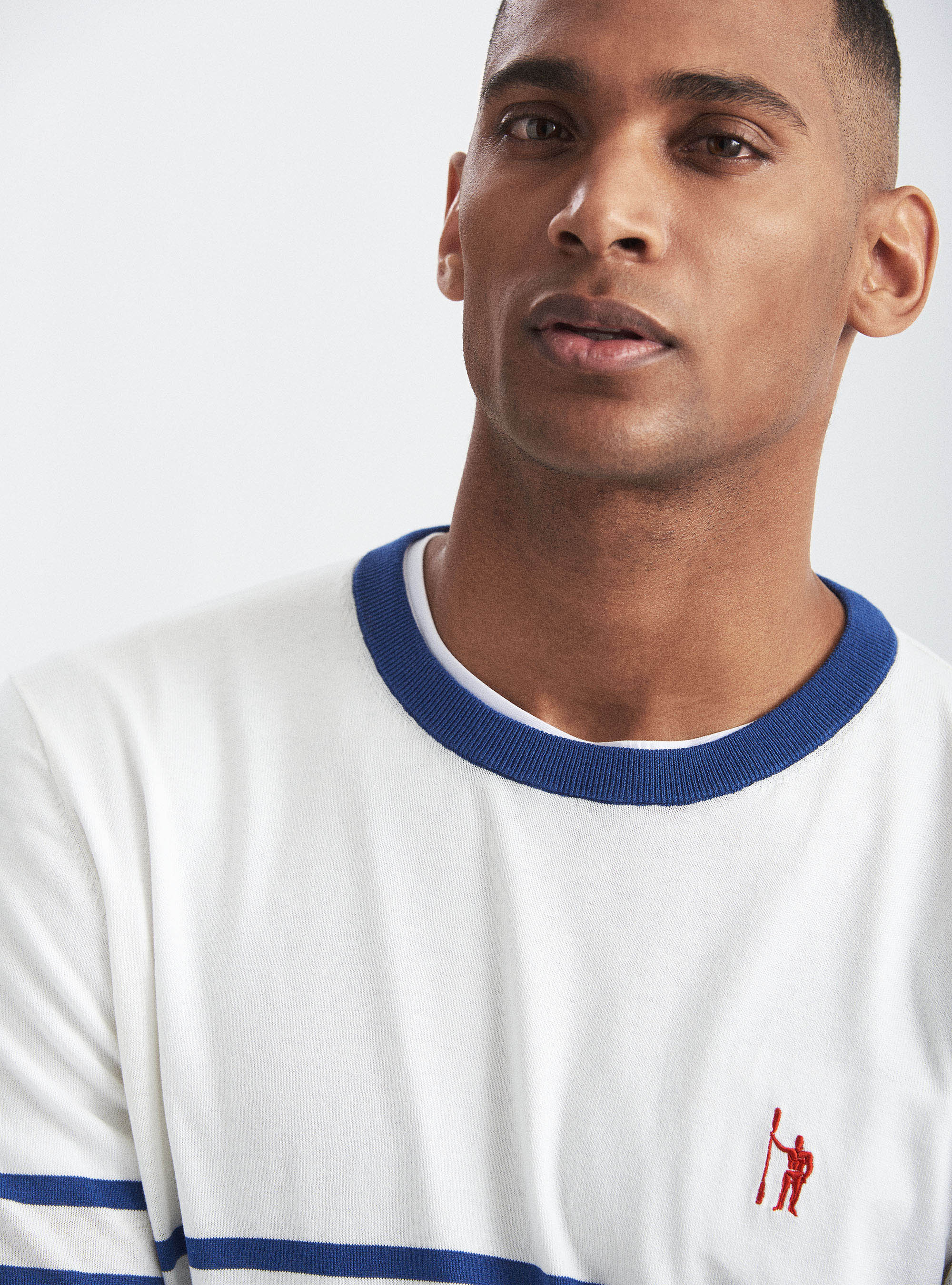 Jersey de seda y algod&oacute;n a rayas con cuello redondo, BLANCO