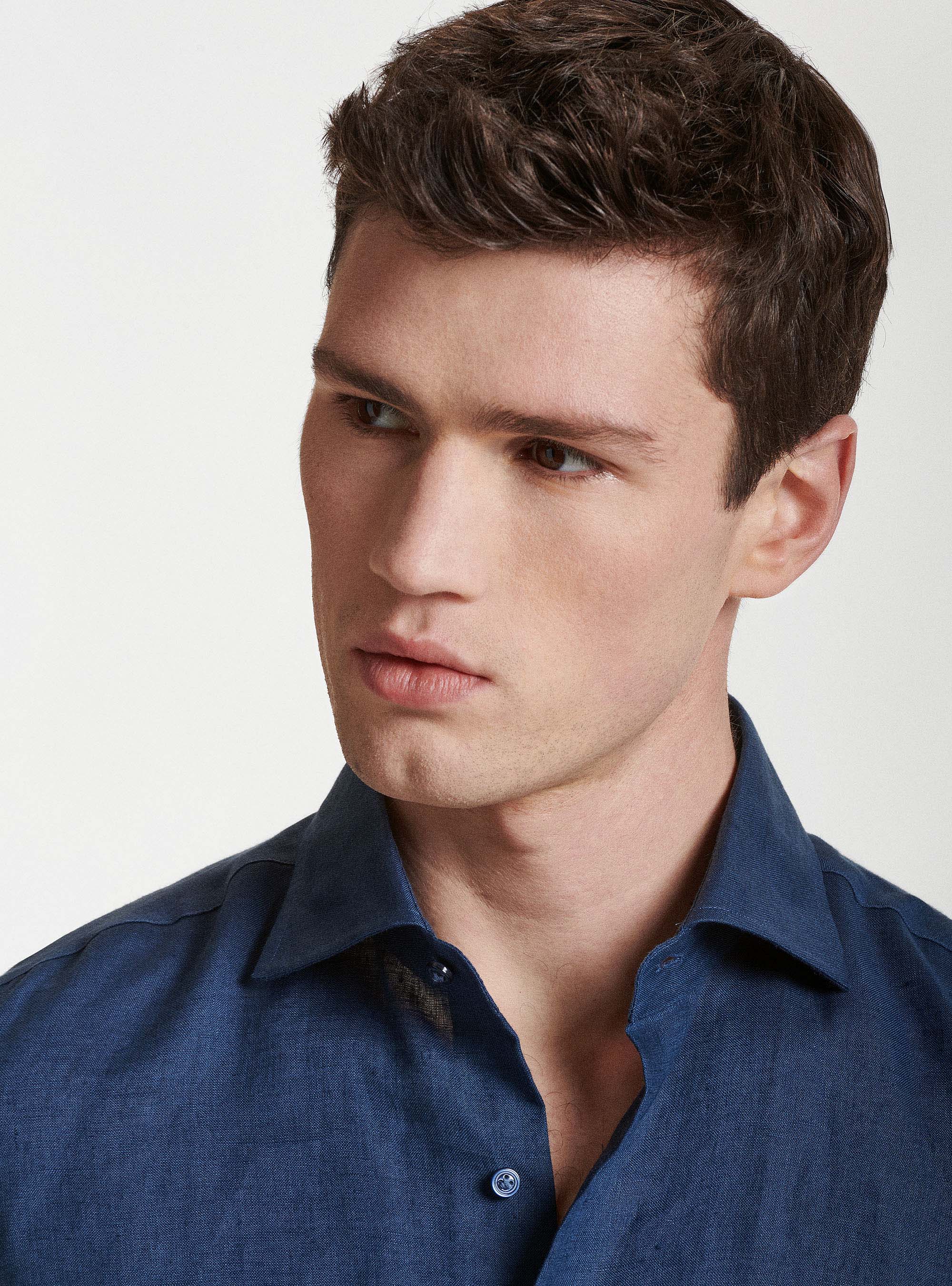 Pure Linen Shirt with Semi-French Collar, NAVY BLUE