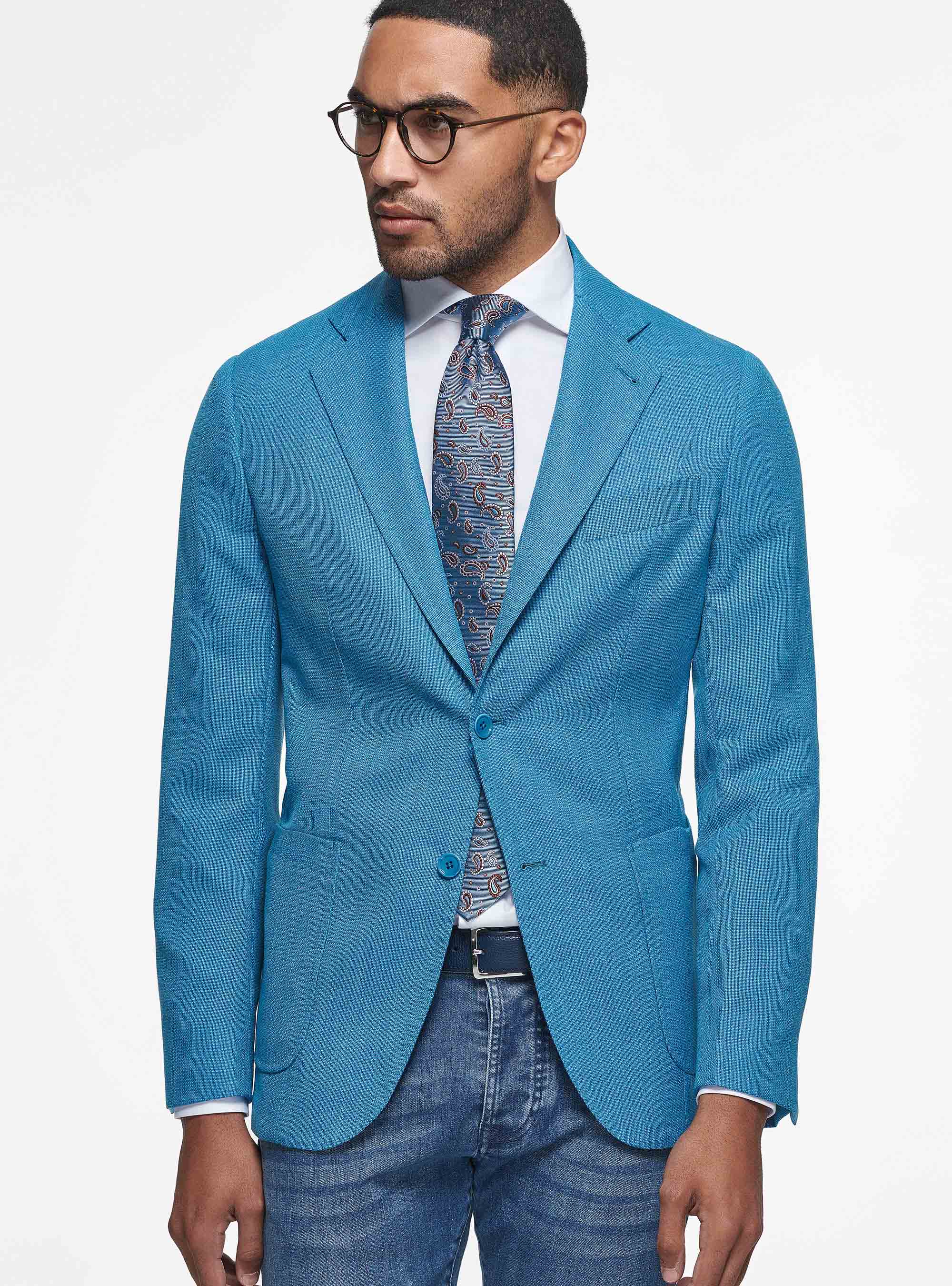 Micro-textured pure wool blazer, PETROL