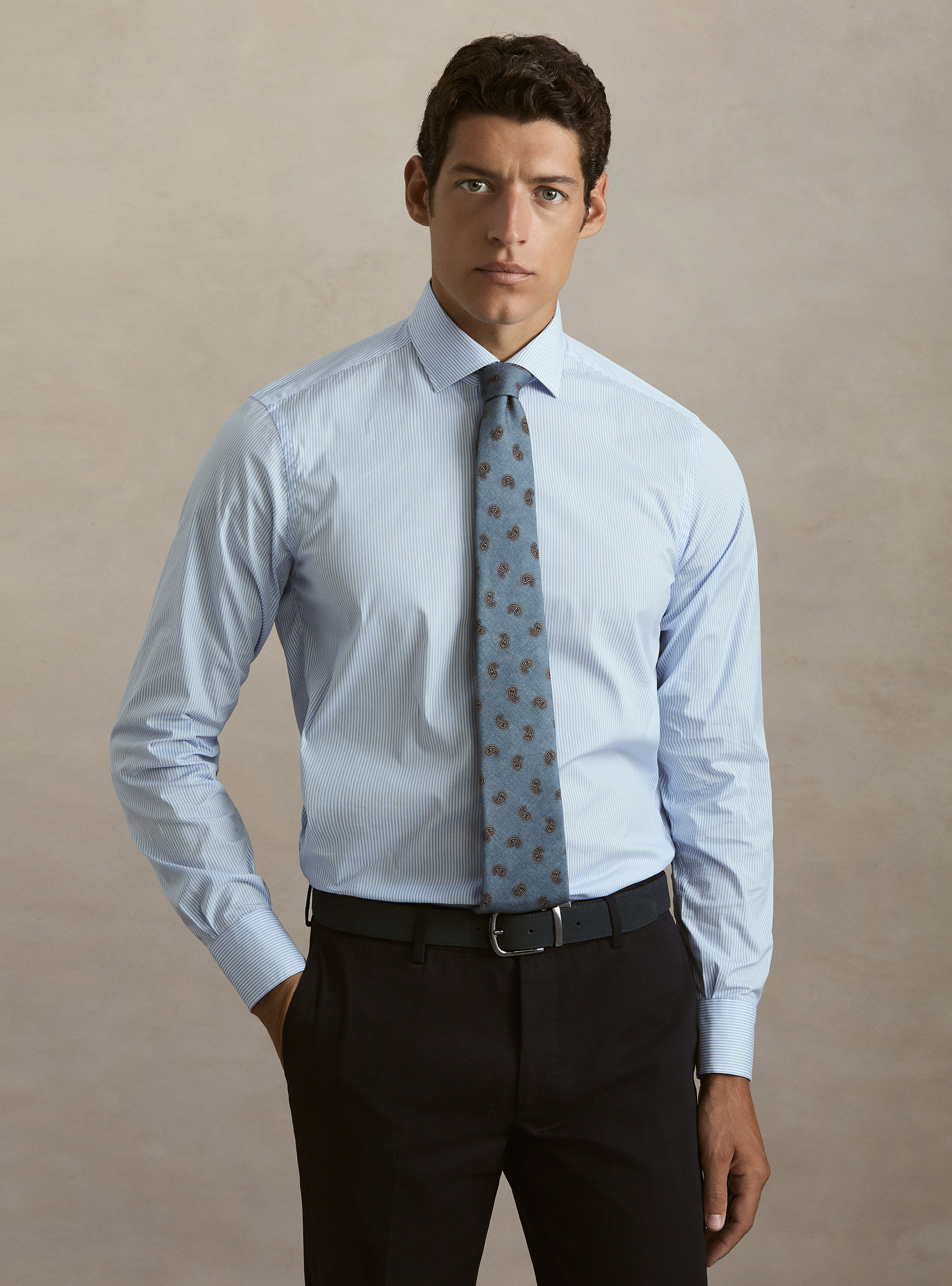 Camicia in cotone rigato popeline stretch, AZZURRO