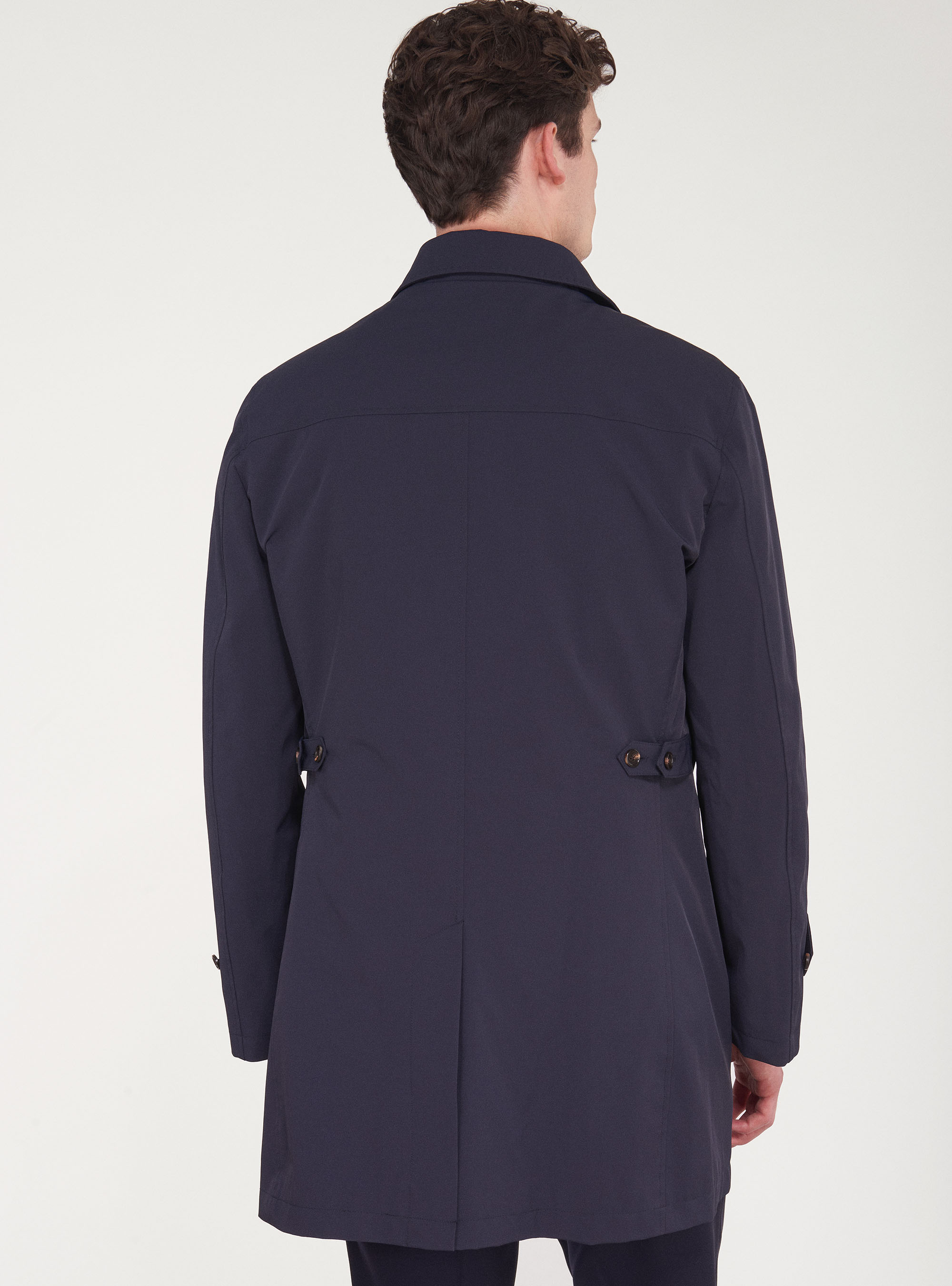 Single-breasted raincoat in technical fabric, NAVY BLUE