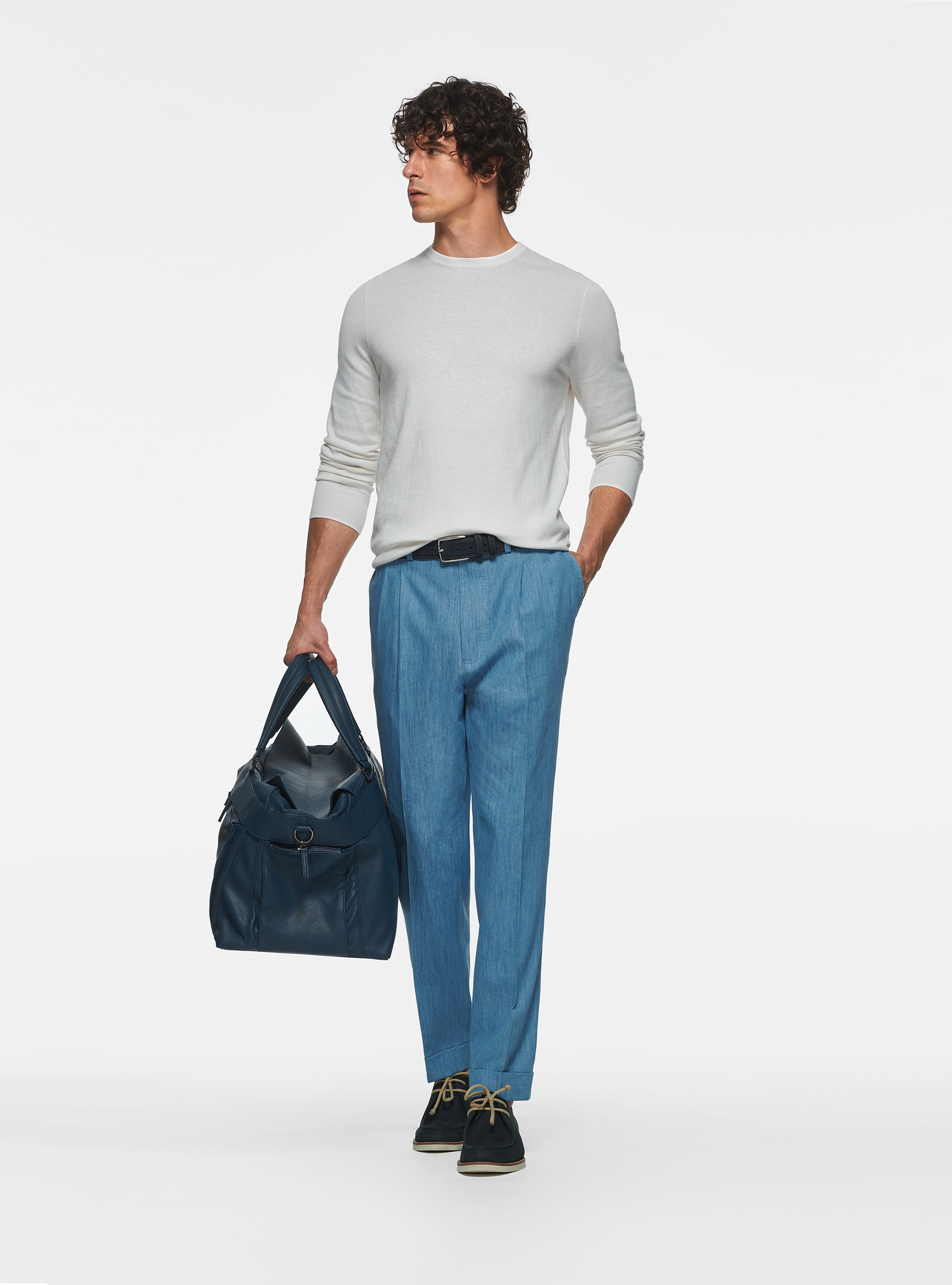 Maglia girocollo in cotone seta e cashmere, BIANCO