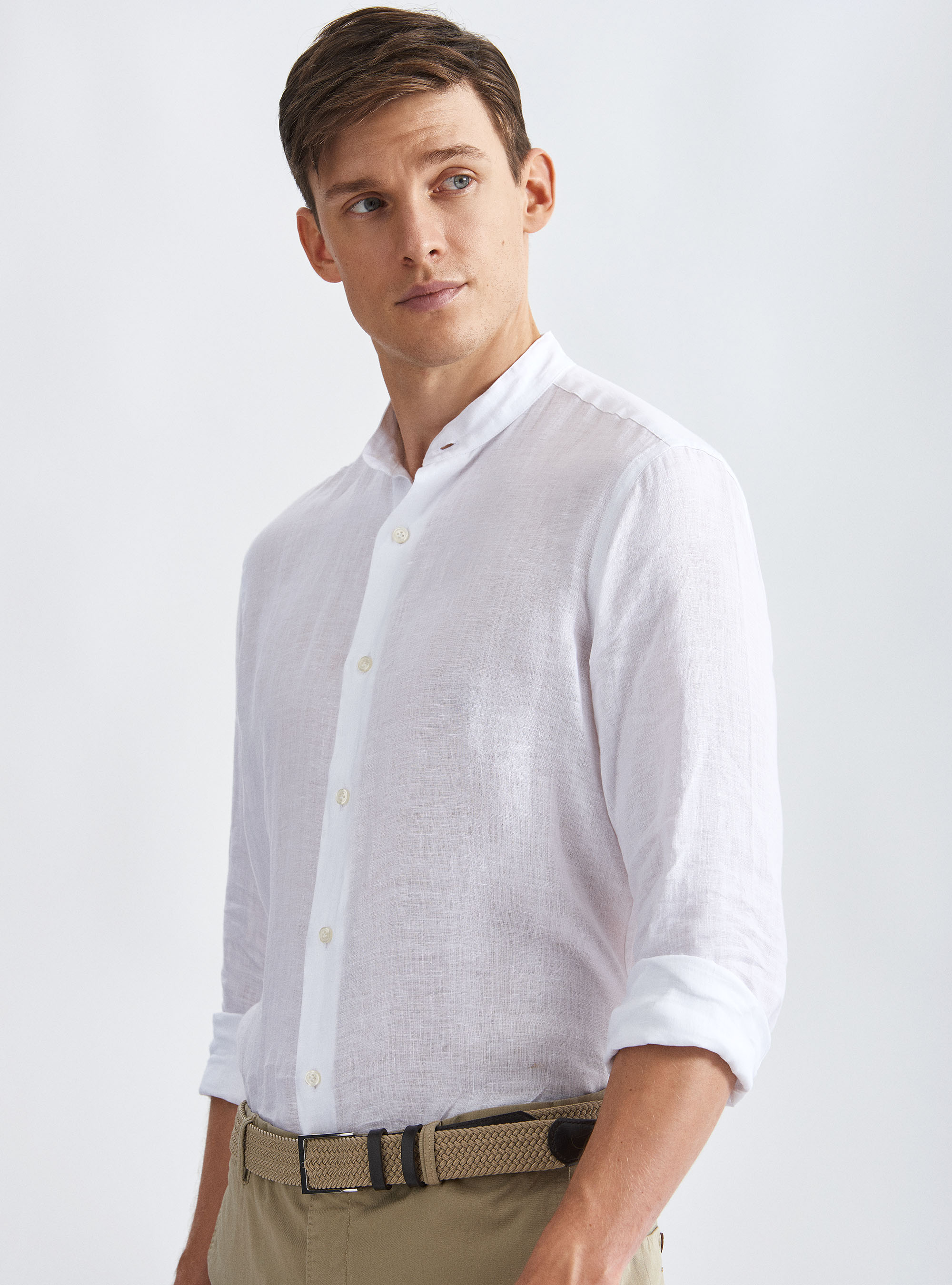 Camisa coreana de lino puro, BLANCO