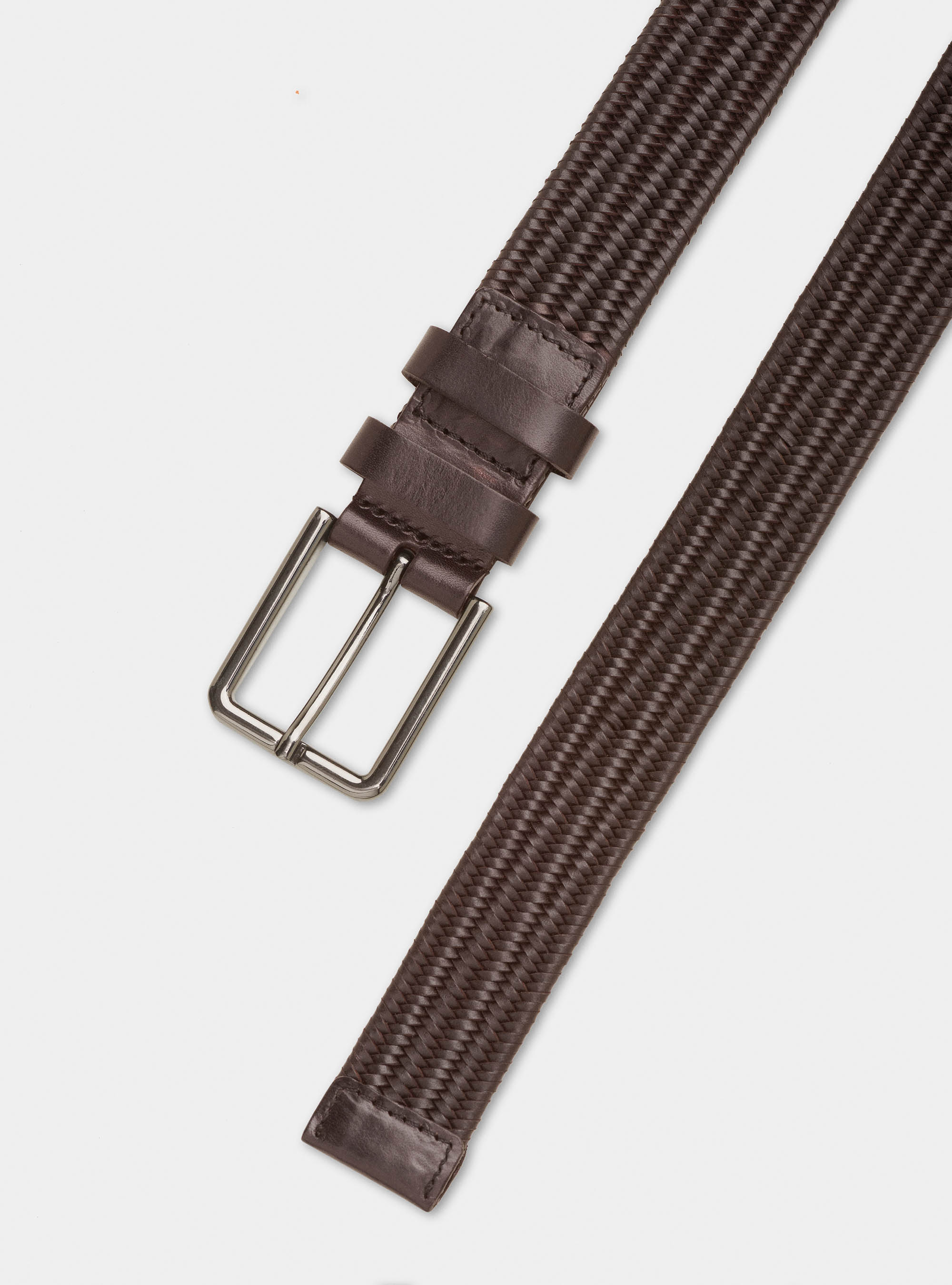 Cintura in pelle intrecciata stretch, MARRONE
