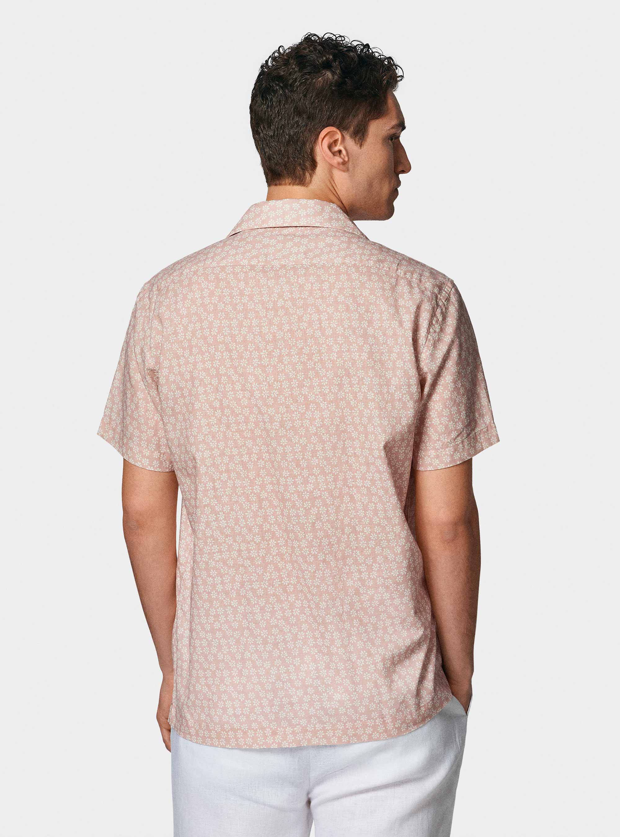 Camicia bowling in lino e cotone stampato, ROSA CHIARO 0466C
