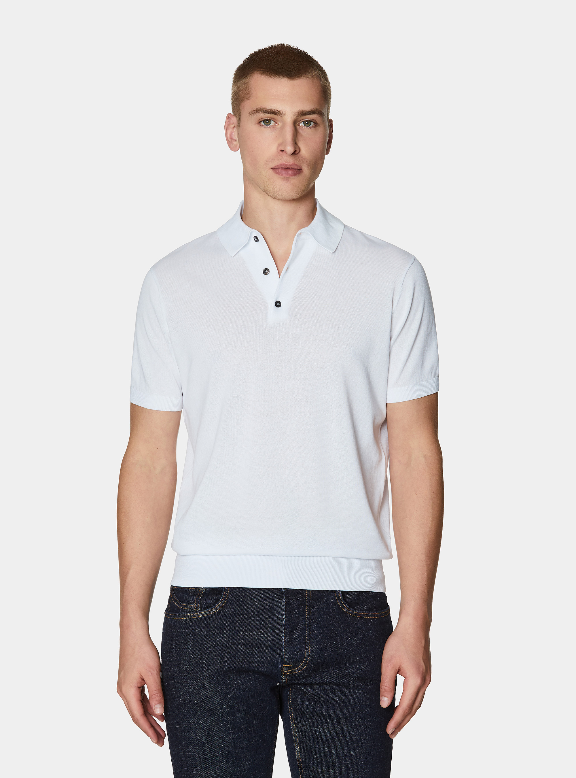 Extra-fine cotton knit polo shirt, WHITE
