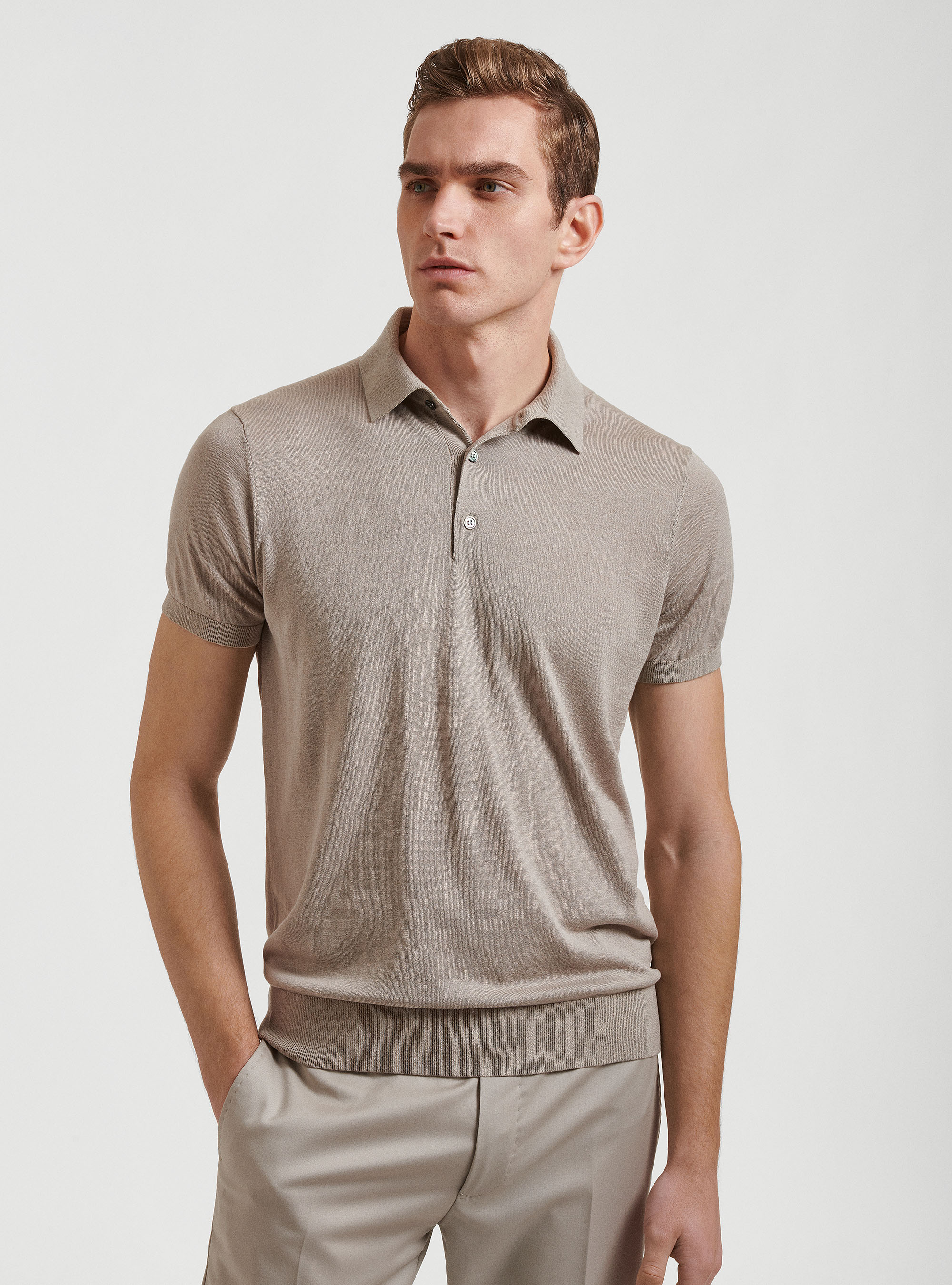 Silk cotton polo shirt, SAND