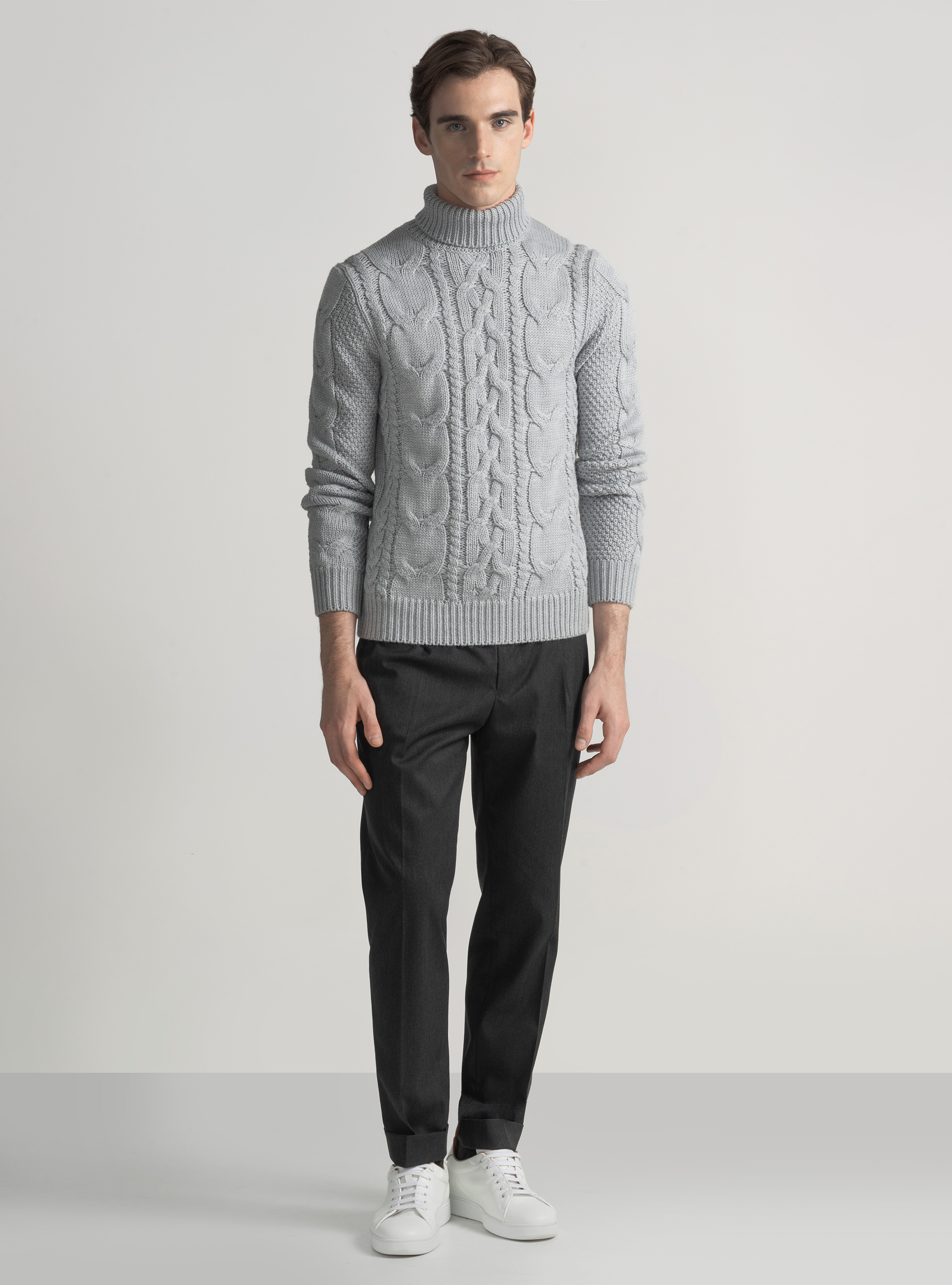 Wool-blend turtleneck sweater with braid, LIGHT GREY MELANGE