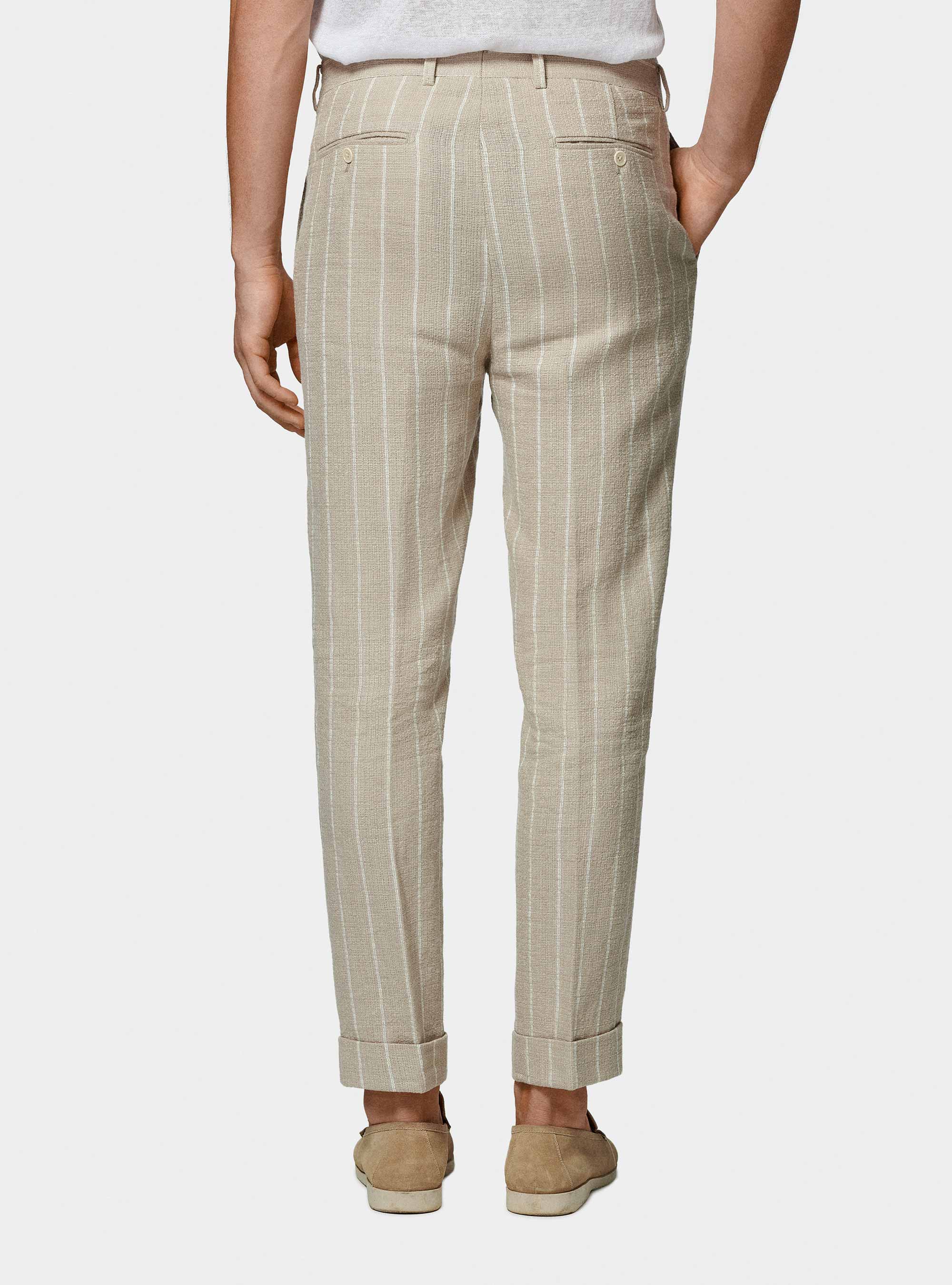 Pure linen crepe striped suit trousers, SAND