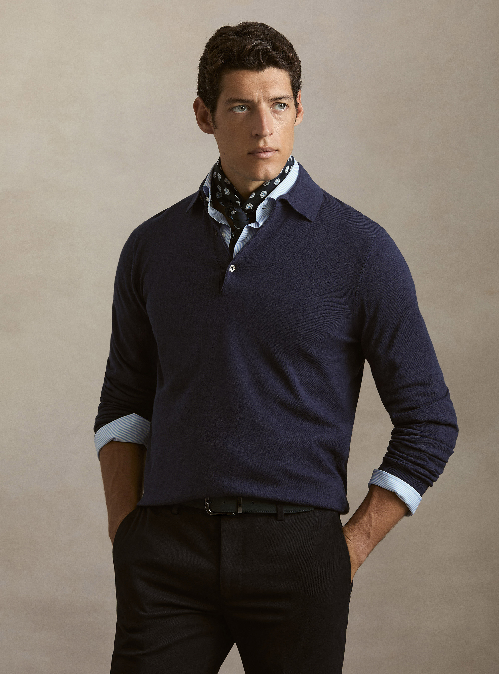 Polo in maglia di cotone e cashmere, INCHIOSTRO