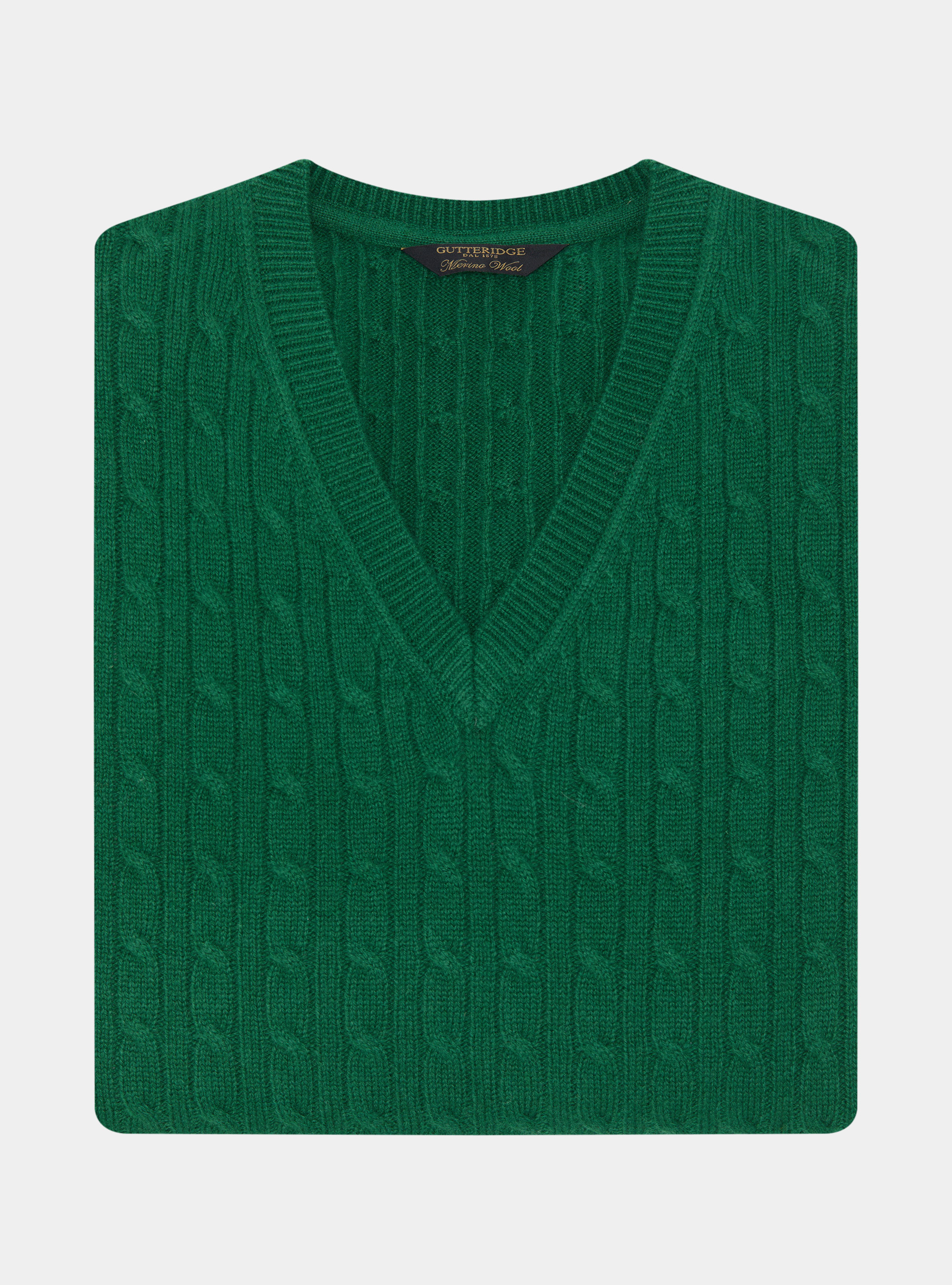 Maglia scollo a V con treccia in lana merino, VERDE
