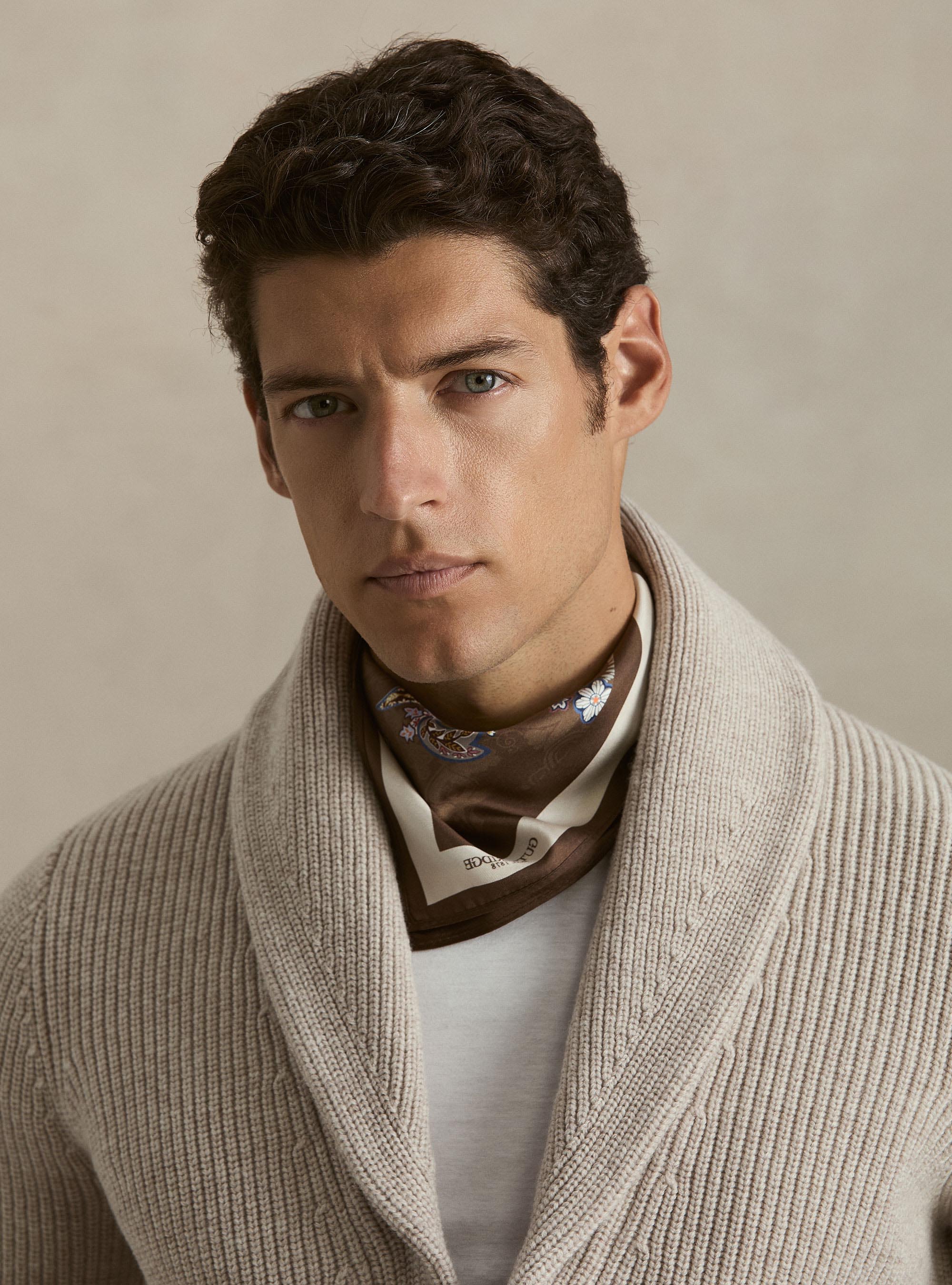 Merino wool shawl collar cardigan, ECRU