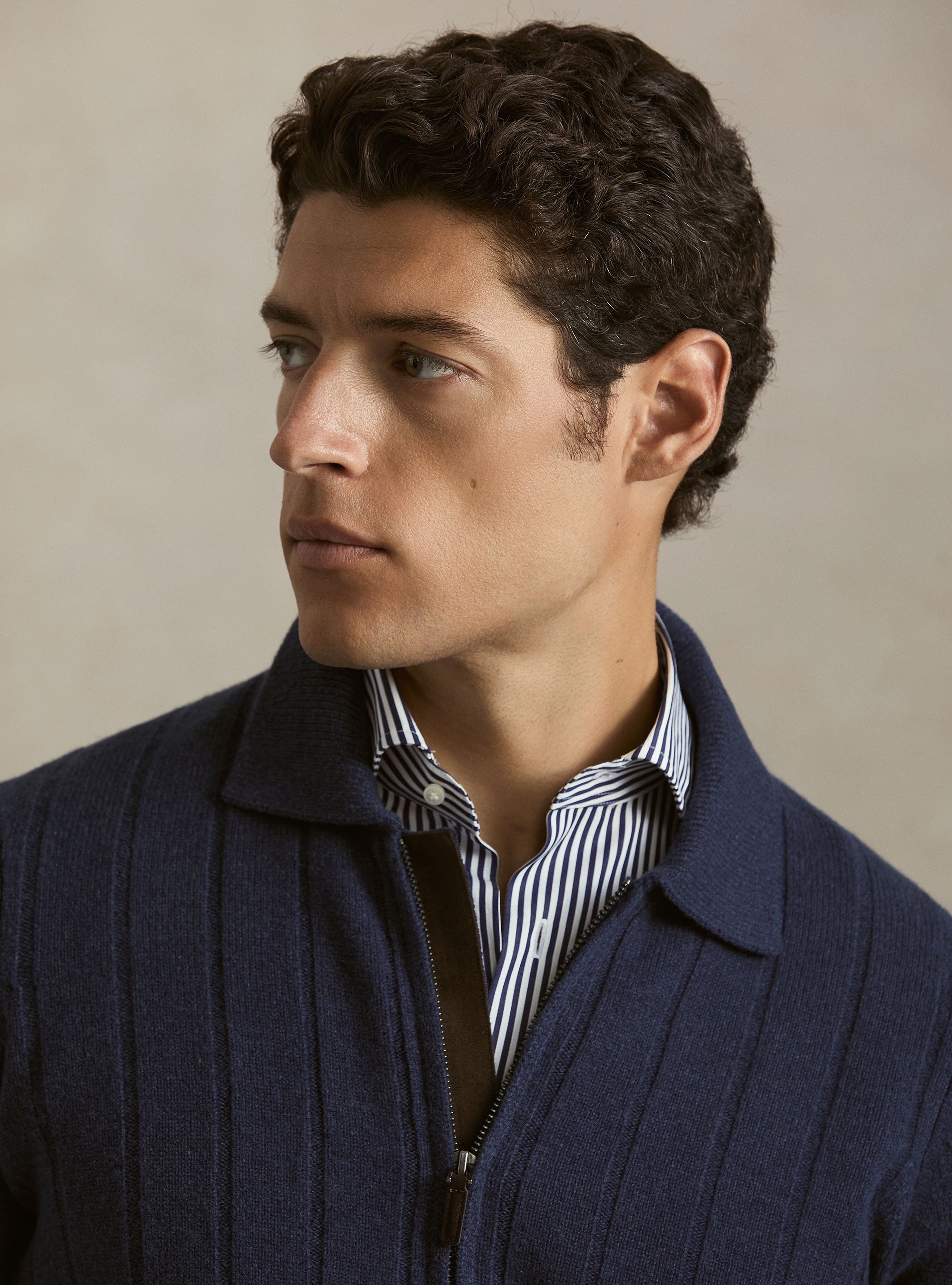 Full-zip wool-cashmere flat-ribbed sweater, INK