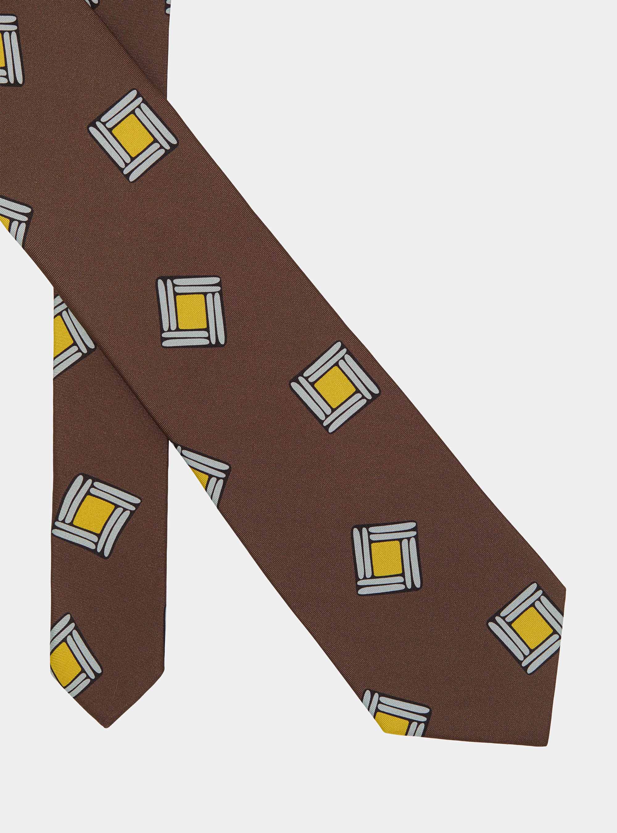 Corbata de sarga de seda con estampado geom&eacute;trico, MARRON