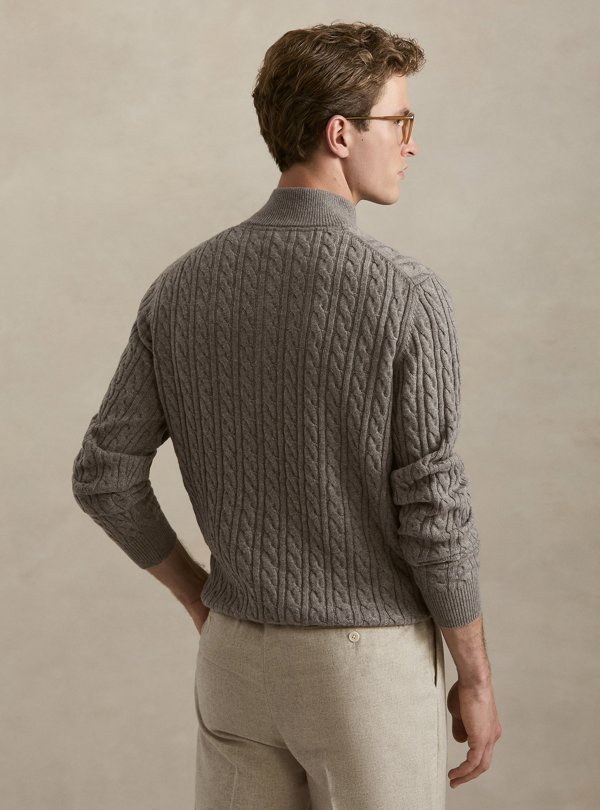 Maglia collo mock con trecca in misto lana, TORTORA 0542C
