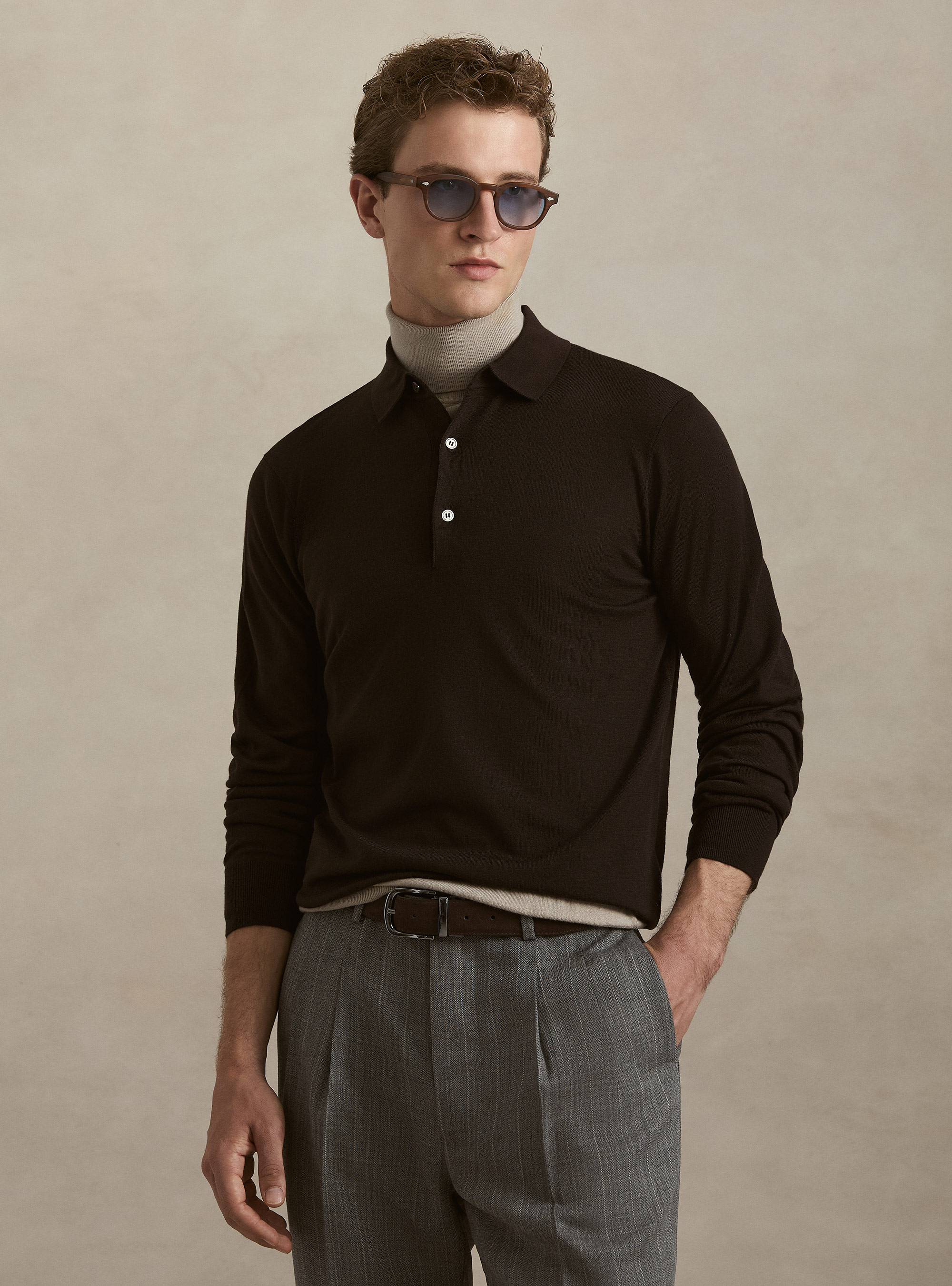 Strick-Poloshirt aus extrafeiner Merinowolle, MARRONE 0507C