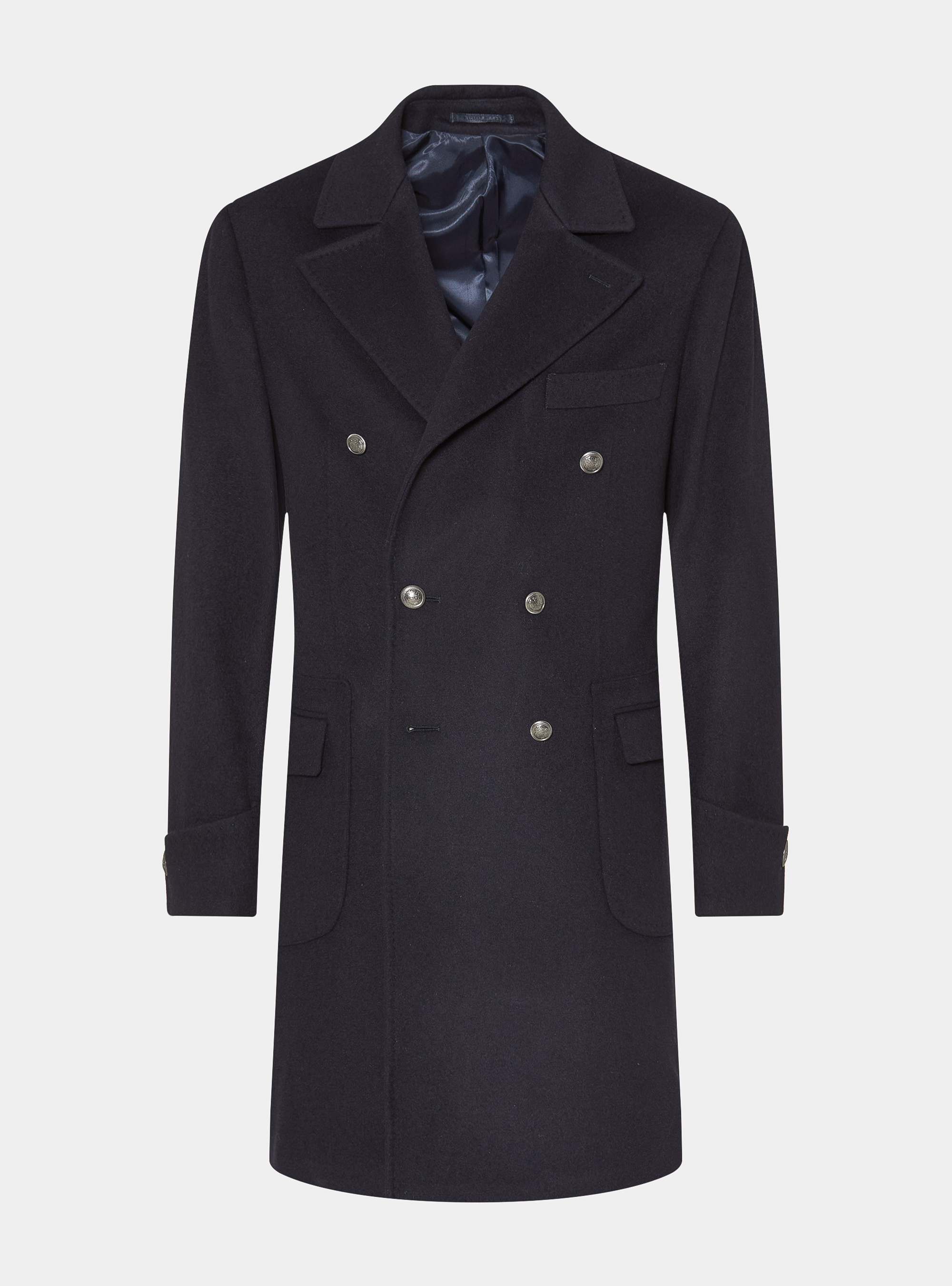 Cashmere wool double-breasted coat with metal button, NAVY BLUE
