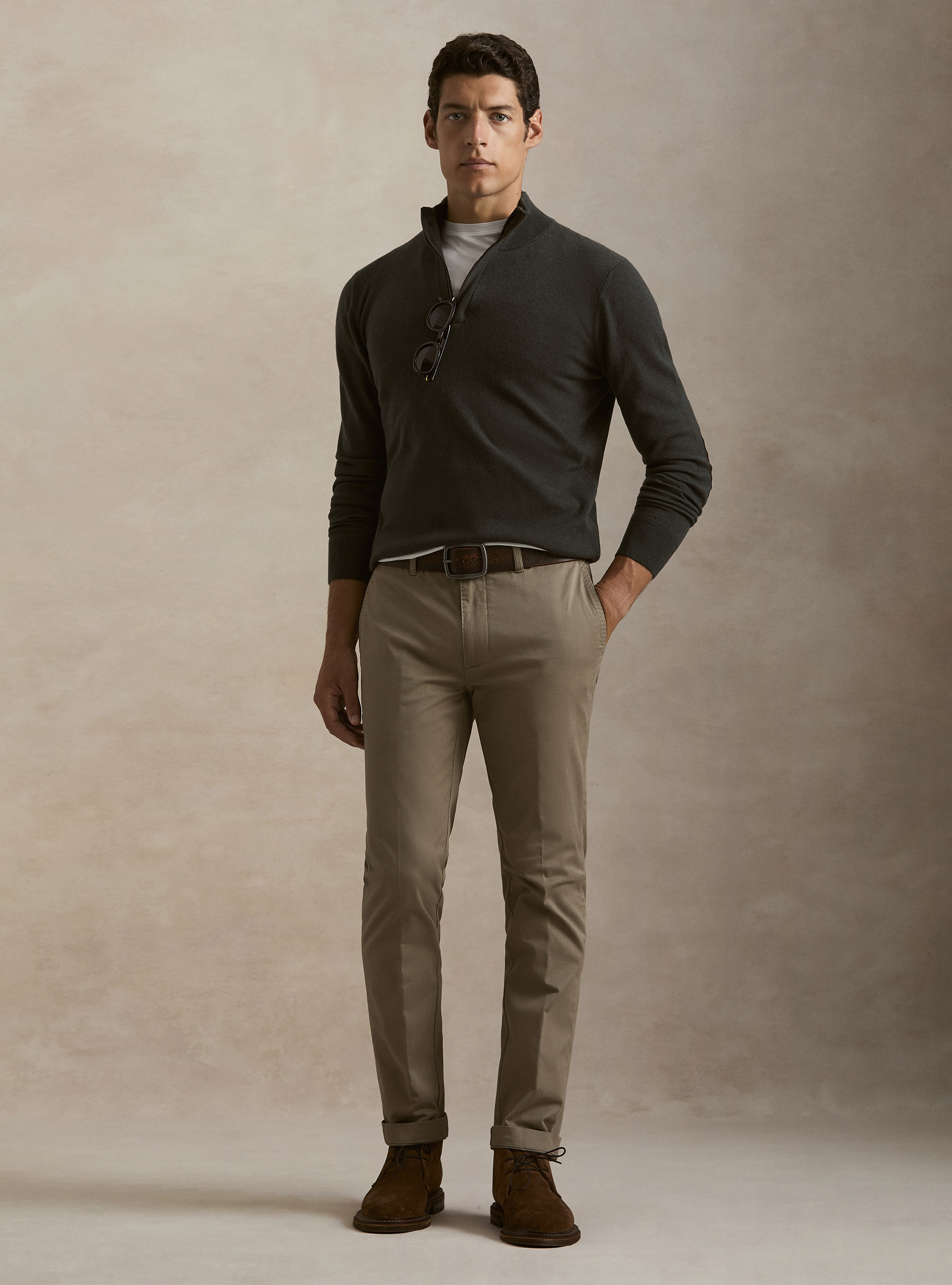 Maglia mezza zip con toppe in misto lana, MILITARE 0609C