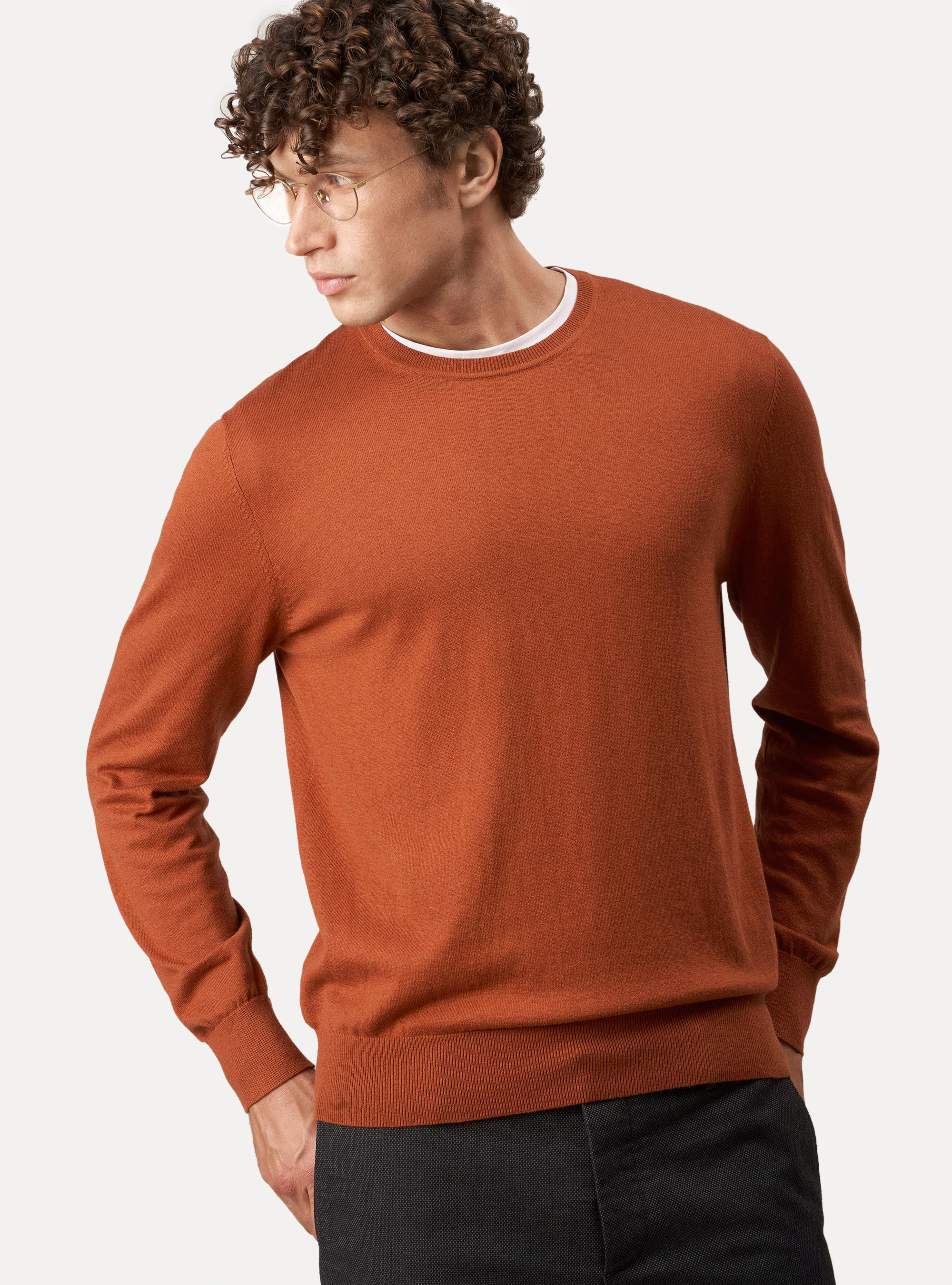 Cotton silk and cashmere crew-neck sweater, TERRACOTTA