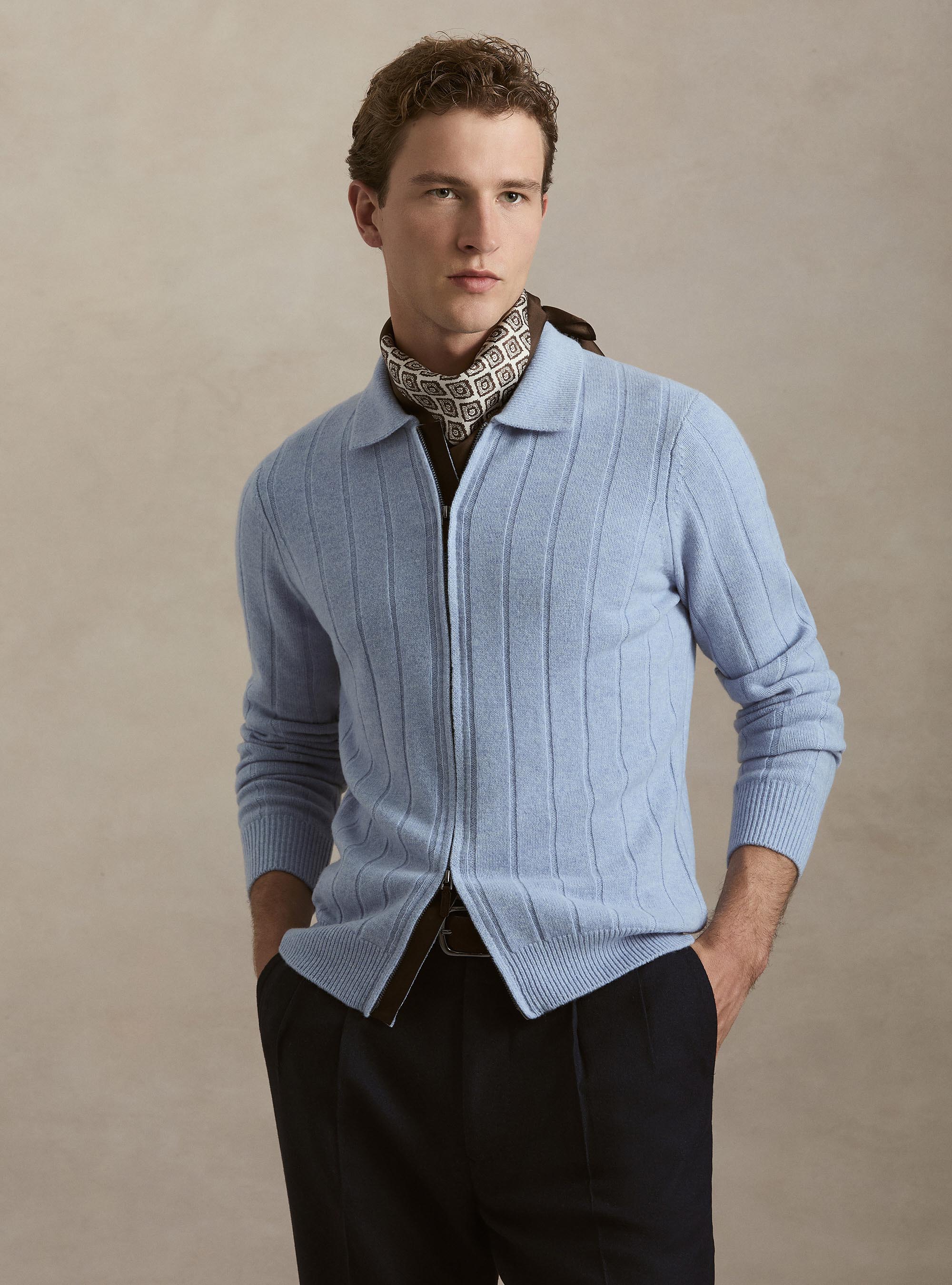 Chaqueta de cremallera de lana y cachemira de canal&eacute; plano, AZZURRO POLVERE 0283C