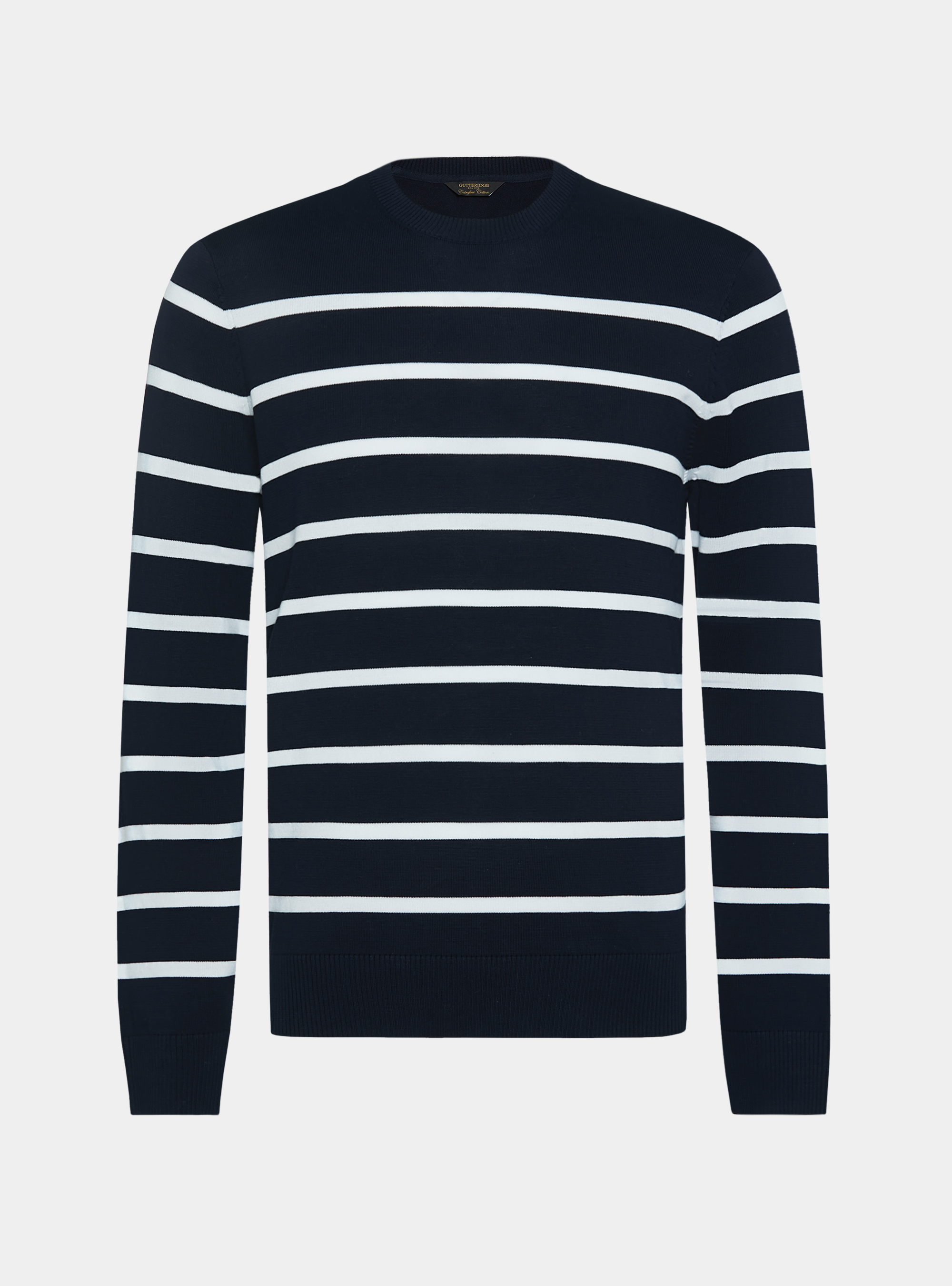 Pullover mit Rundhalsausschnitt aus extrafeiner gestreifter Baumwolle, NAVY 0218C