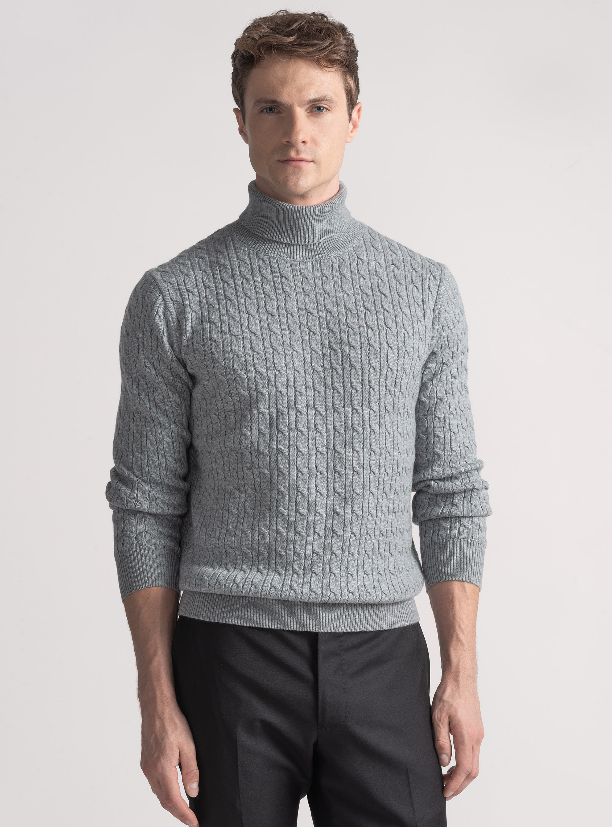 Maglia collo alto con treccia in misto lana, GRIGIO MELANGE 0151C