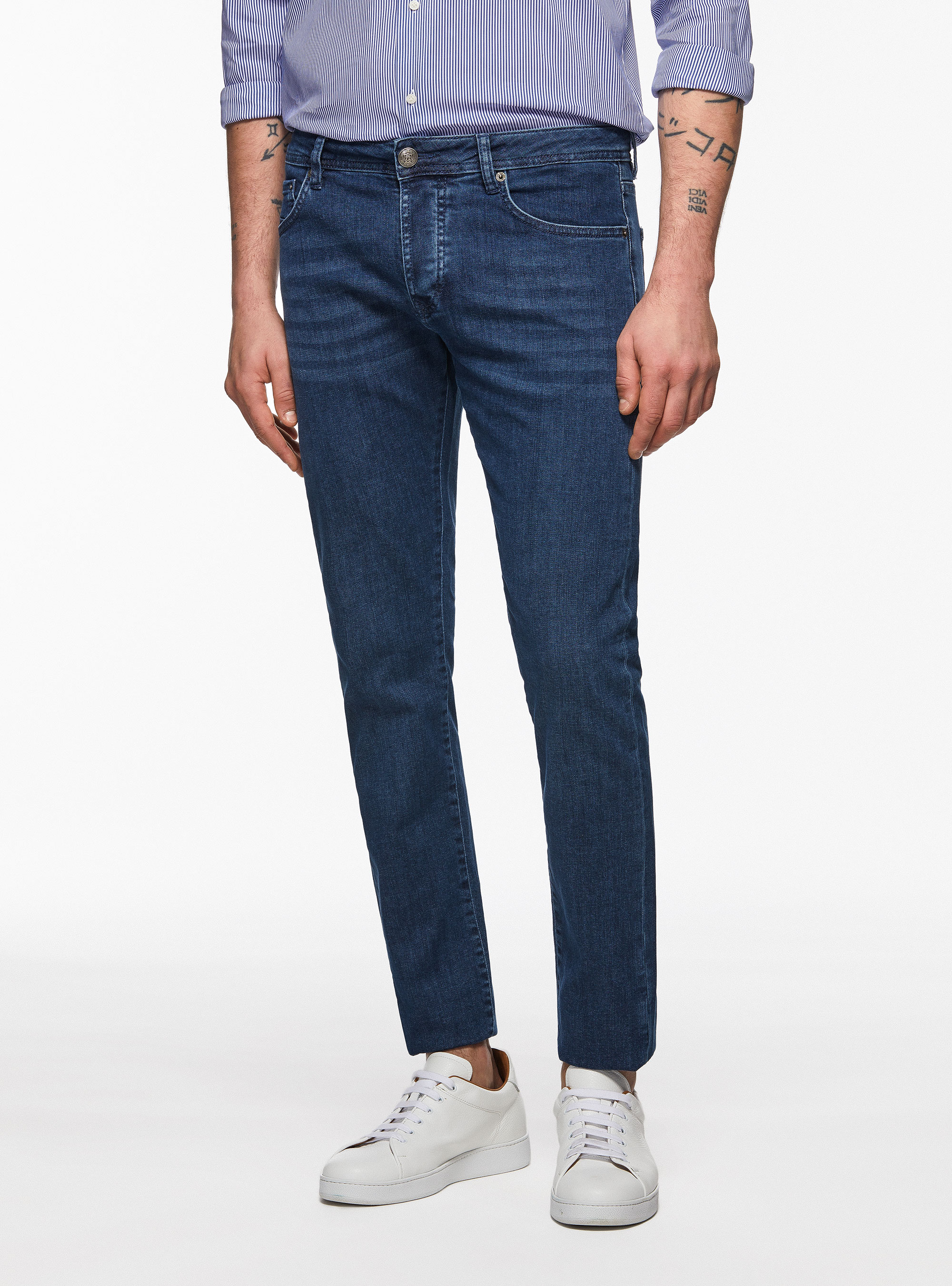Pantaloni colorati in cotone stretch, BLU