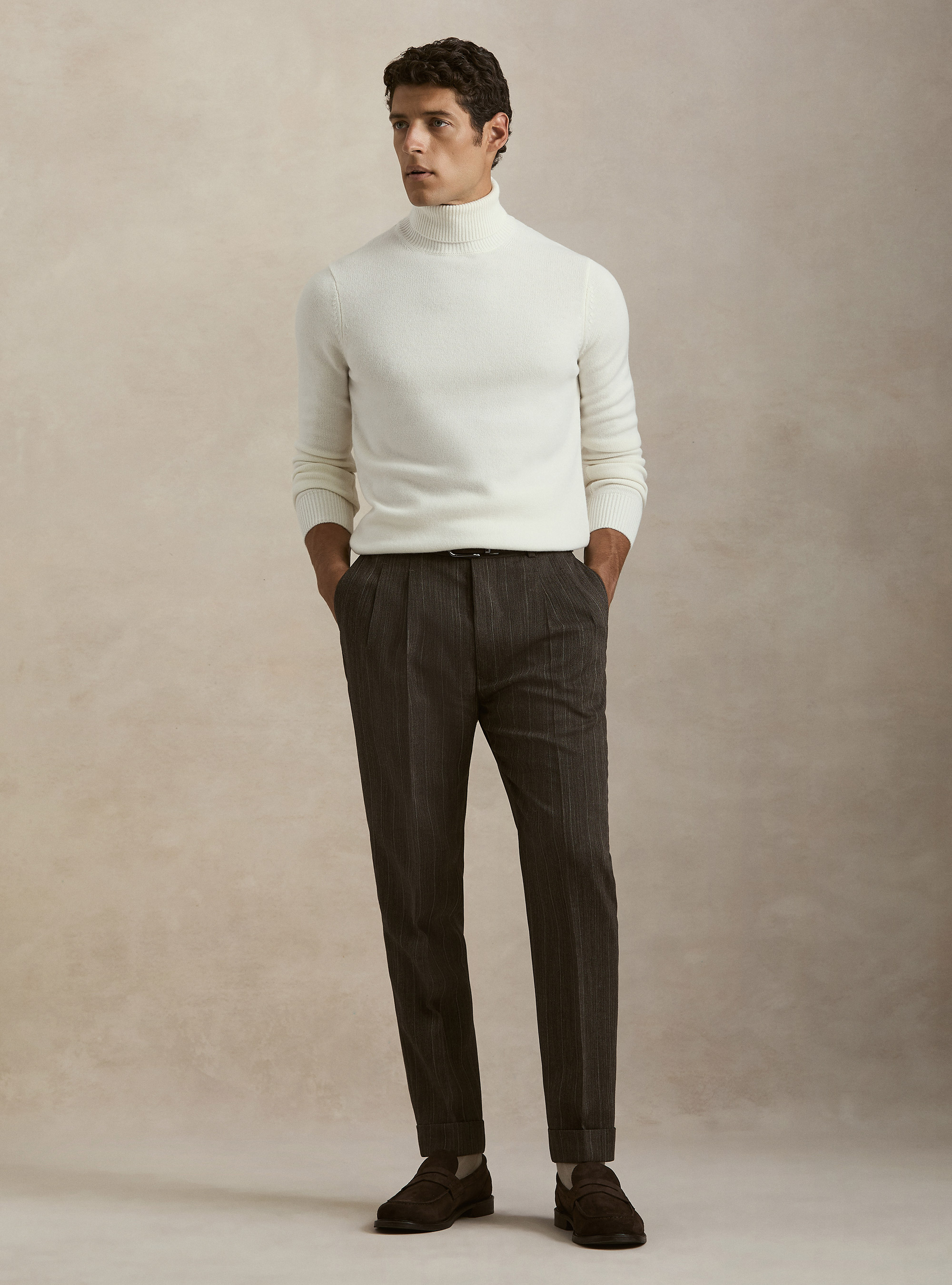 Herringbone pure wool pleated trousers, BROWN