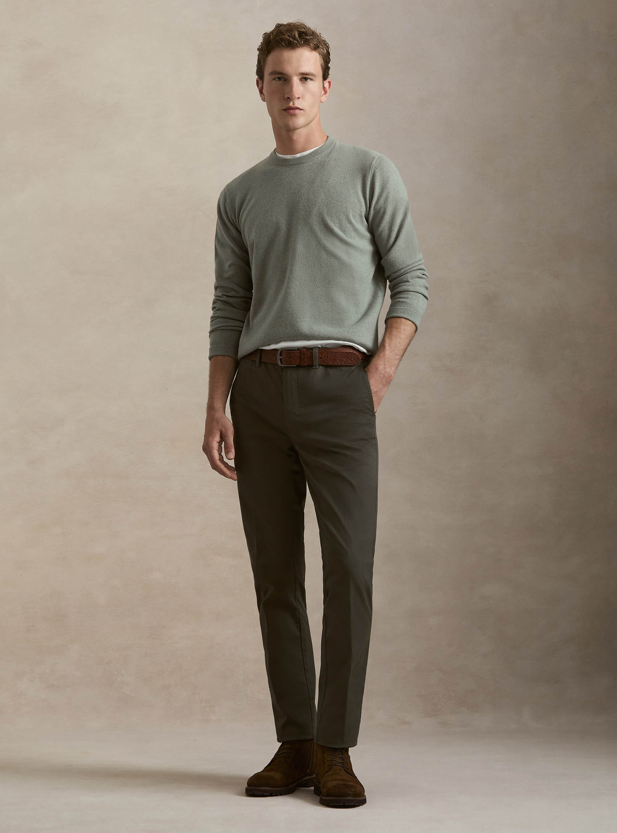 Rundhals-Pullover aus Lambswool und Kaschmir, VERDE GIADA 0655C