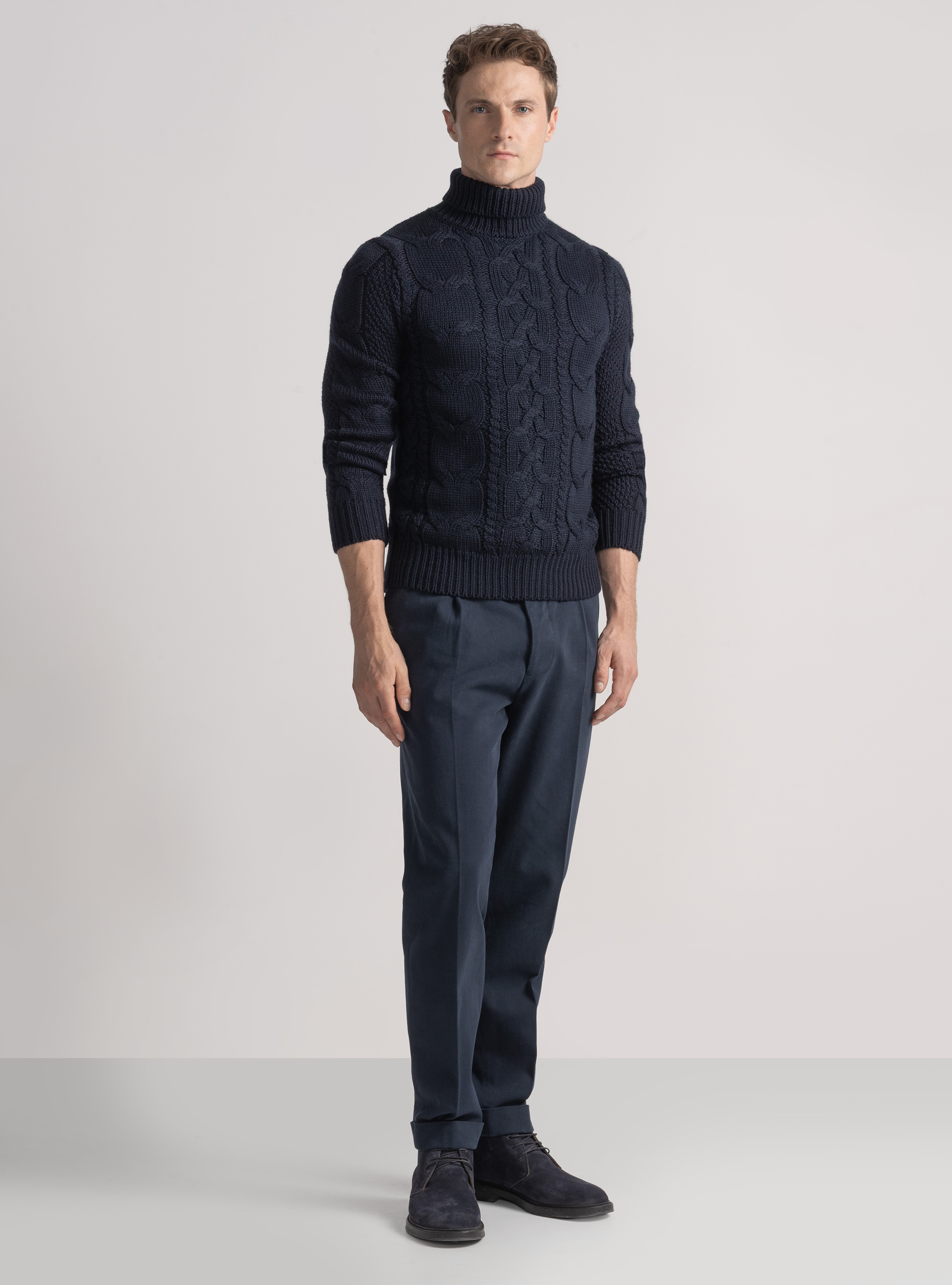 Wool-blend turtleneck sweater with braid, NAVY BLUE