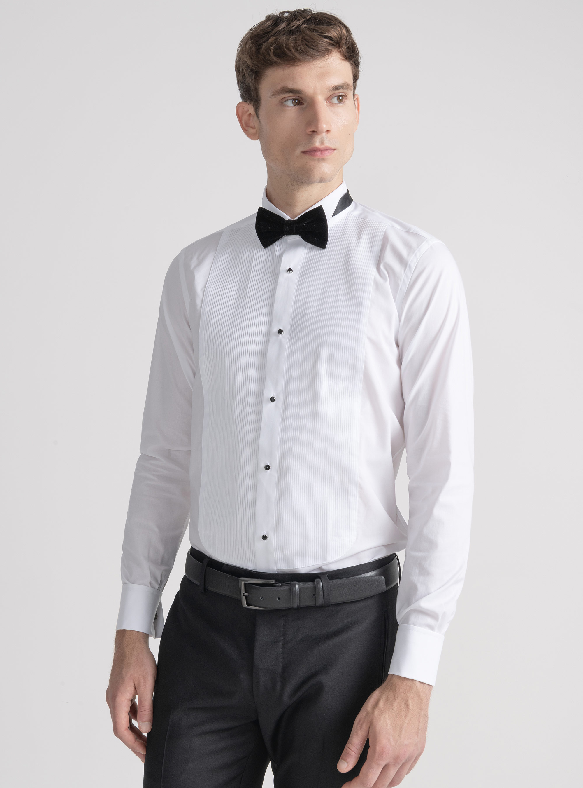 Camicia smoking collo diplomatico con plastron, BIANCO