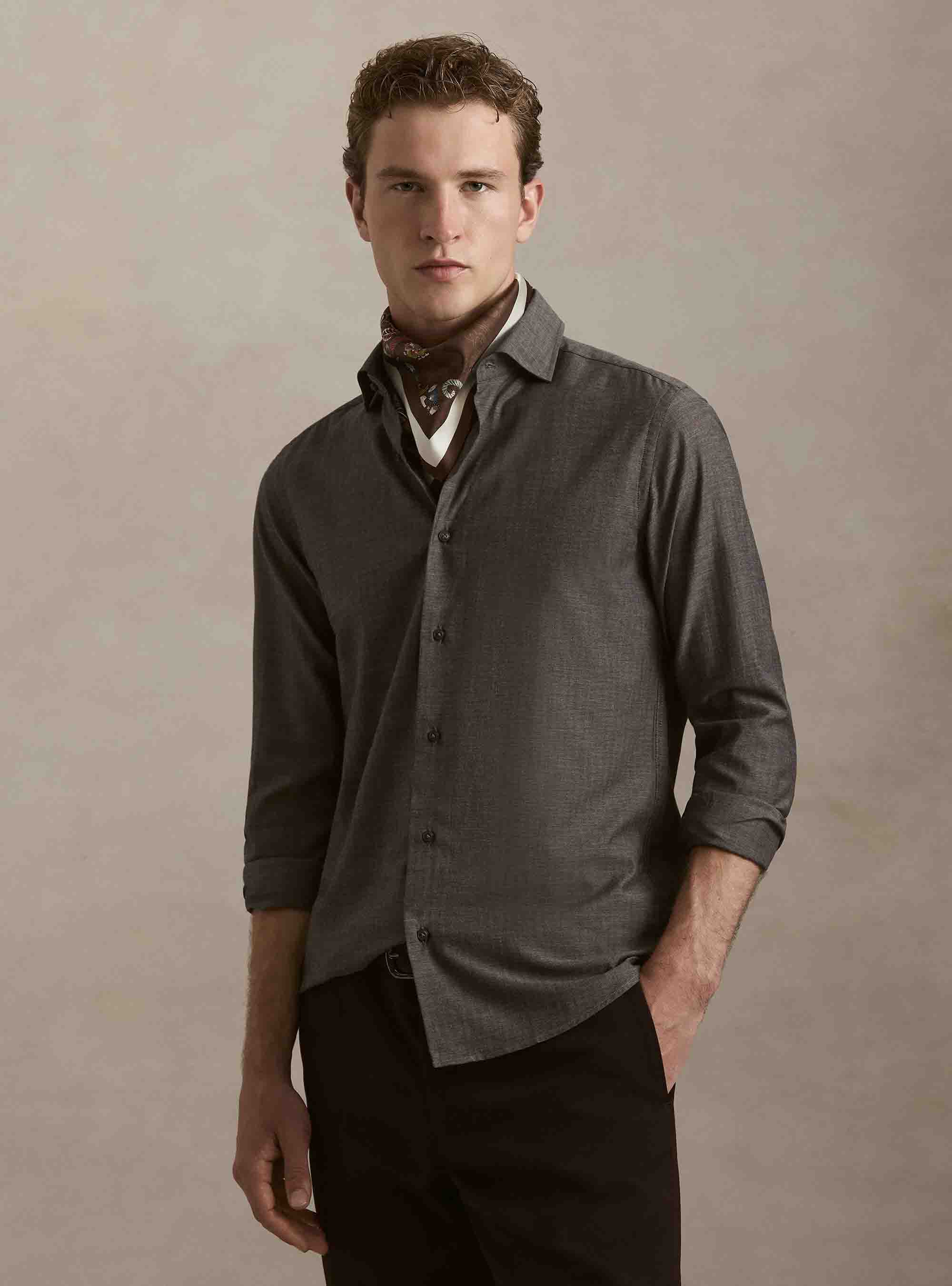 Camicia in flanella di cotone spigato, MARRONE