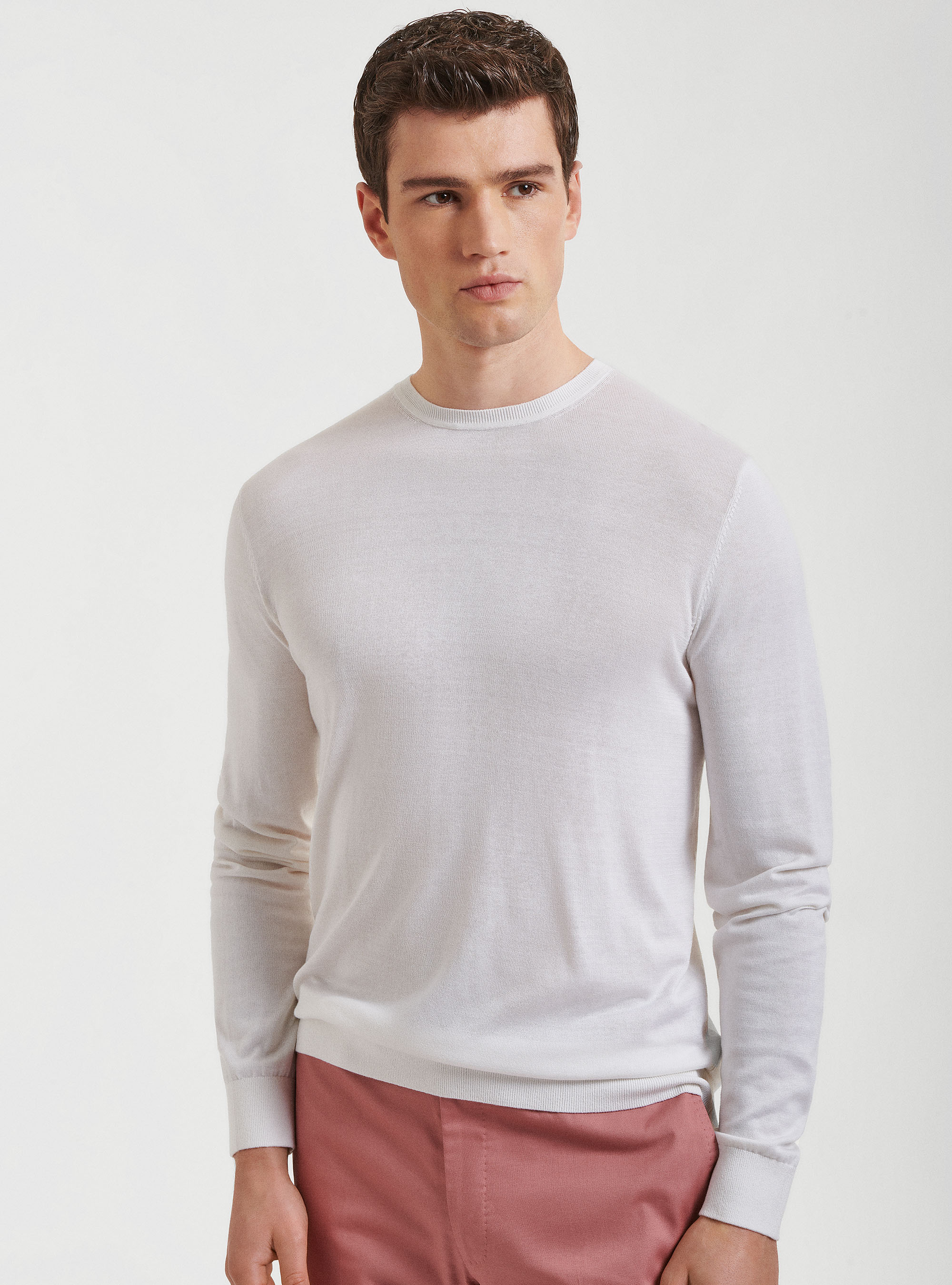 Pullover mit Rundhalsausschnitt aus Seide und Baumwolle, BIANCO 0099C